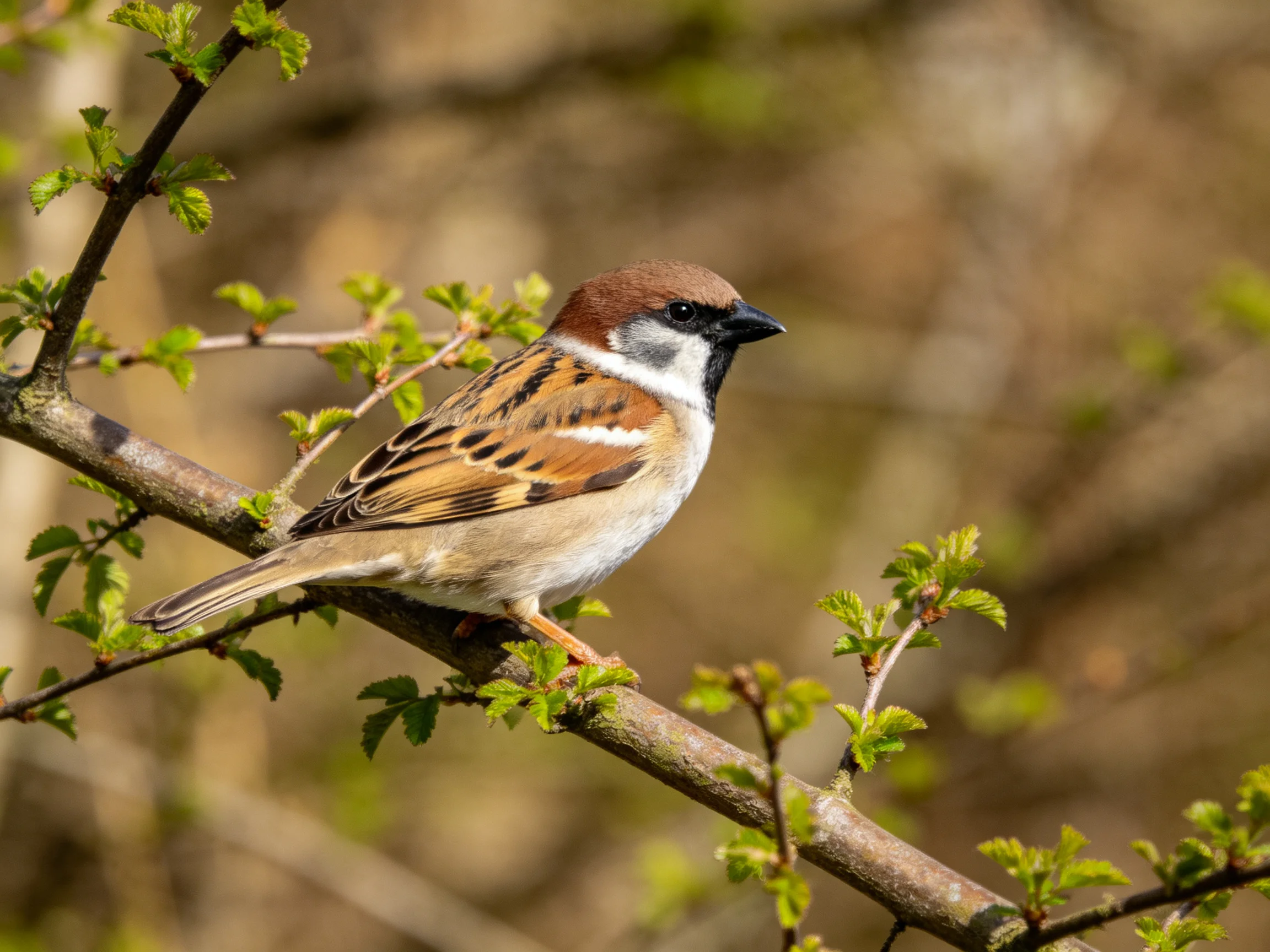 A brown-headed sparrow perches on a leafy branch with intricate plumage.