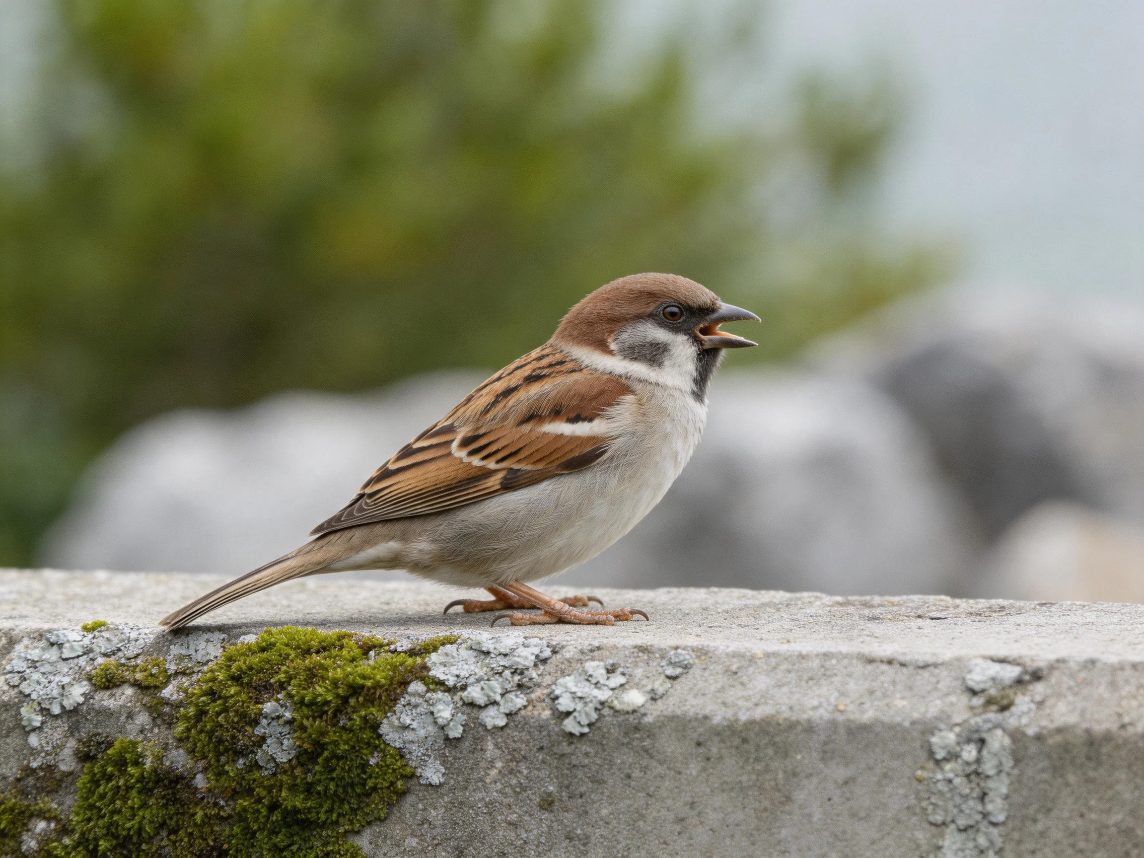 A brown-headed sparrow perches on a mossy concrete ledge