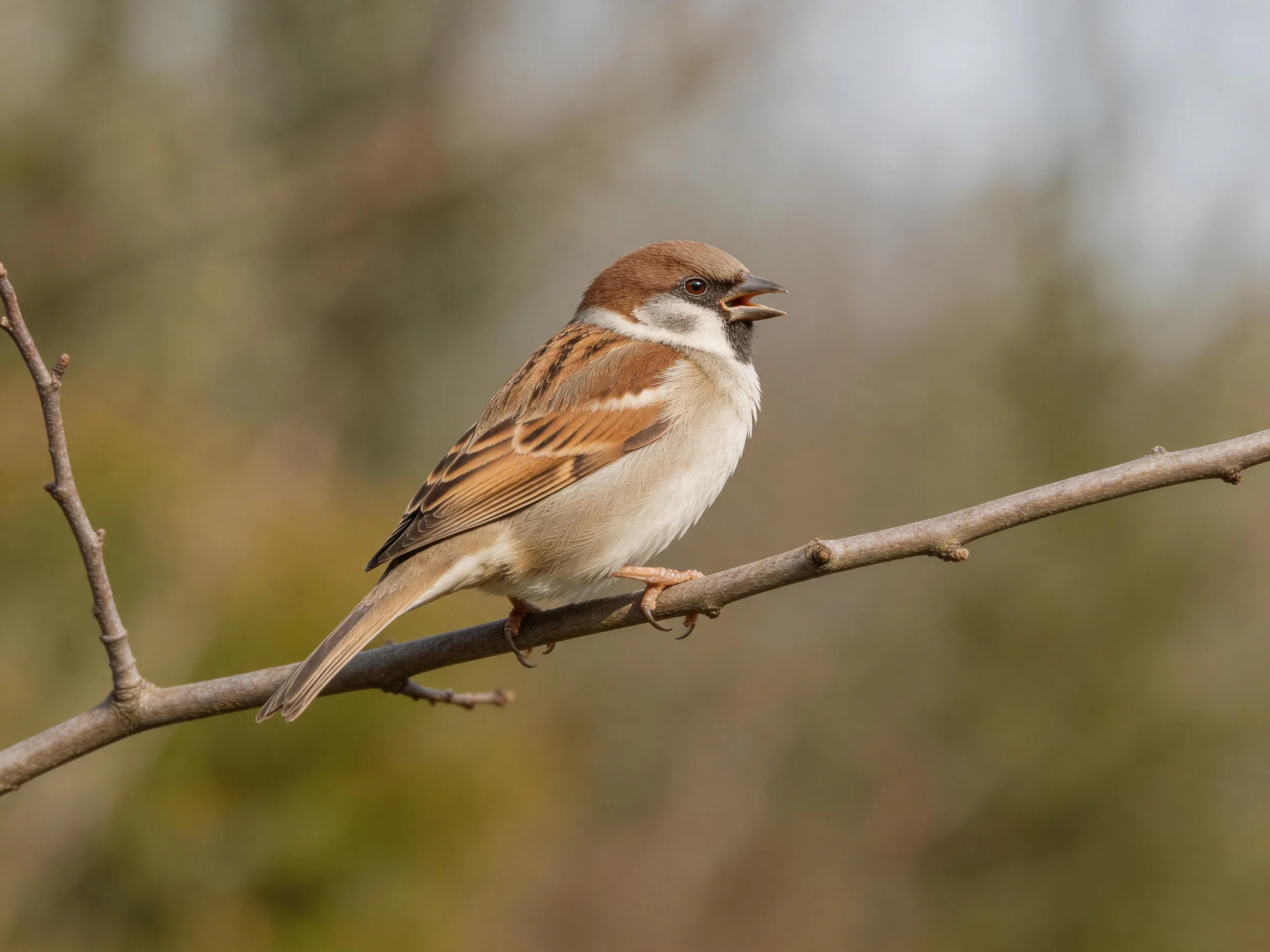 A brown-headed sparrow perches on a slender tree branch