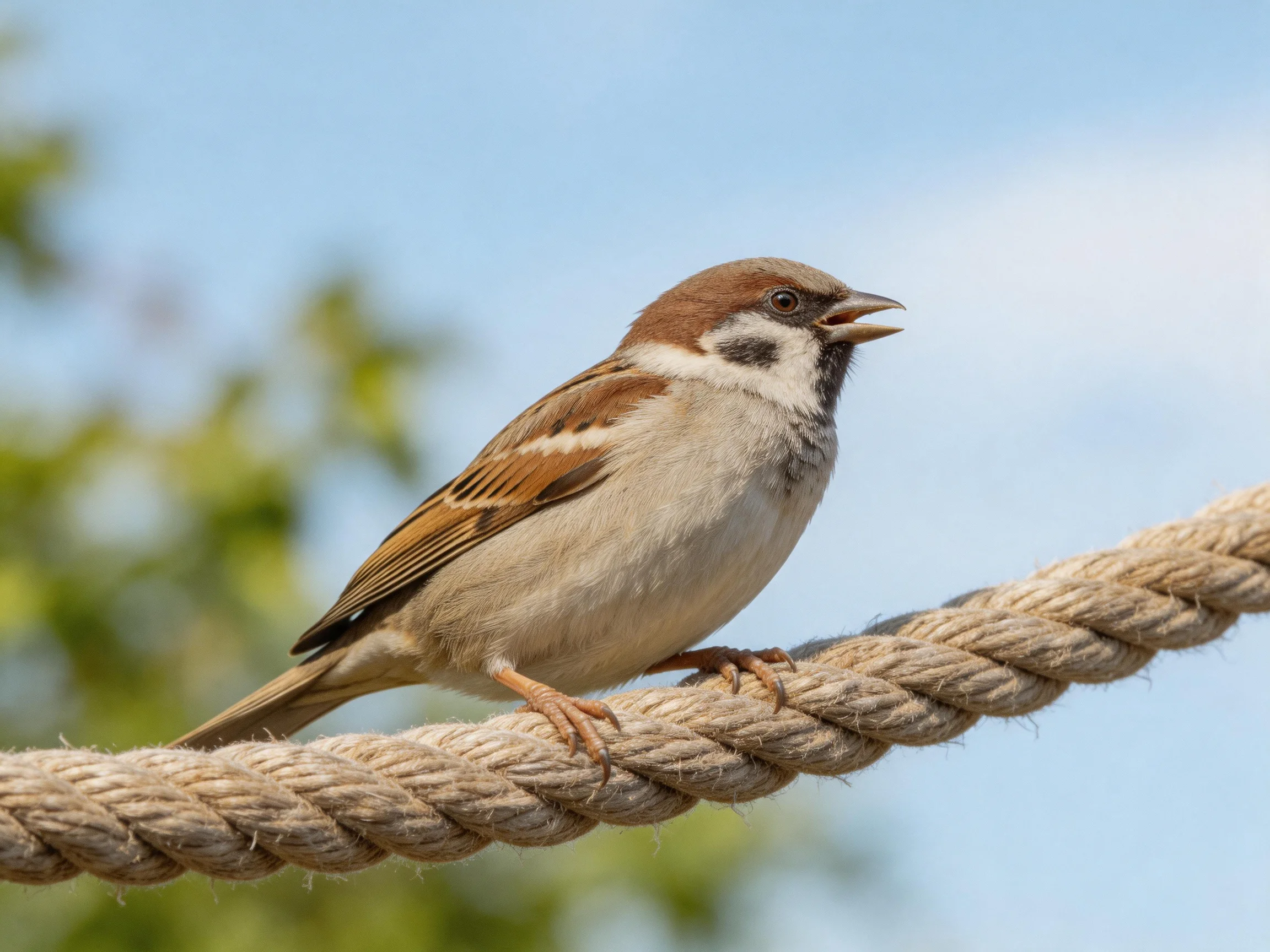 A brown-headed sparrow perches on a thick beige rope outdoors