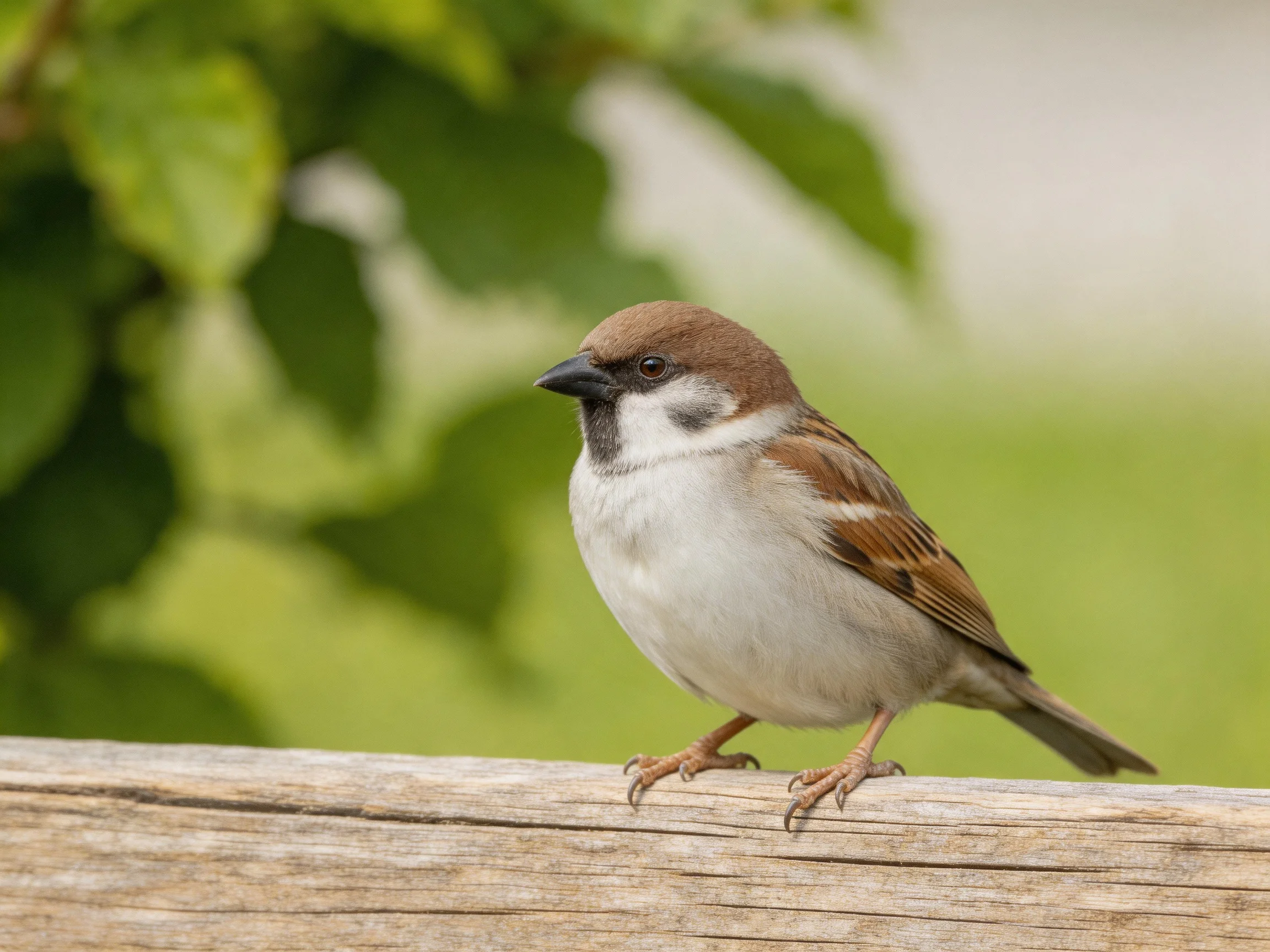 A brown-headed sparrow perches on a weathered wooden beam
