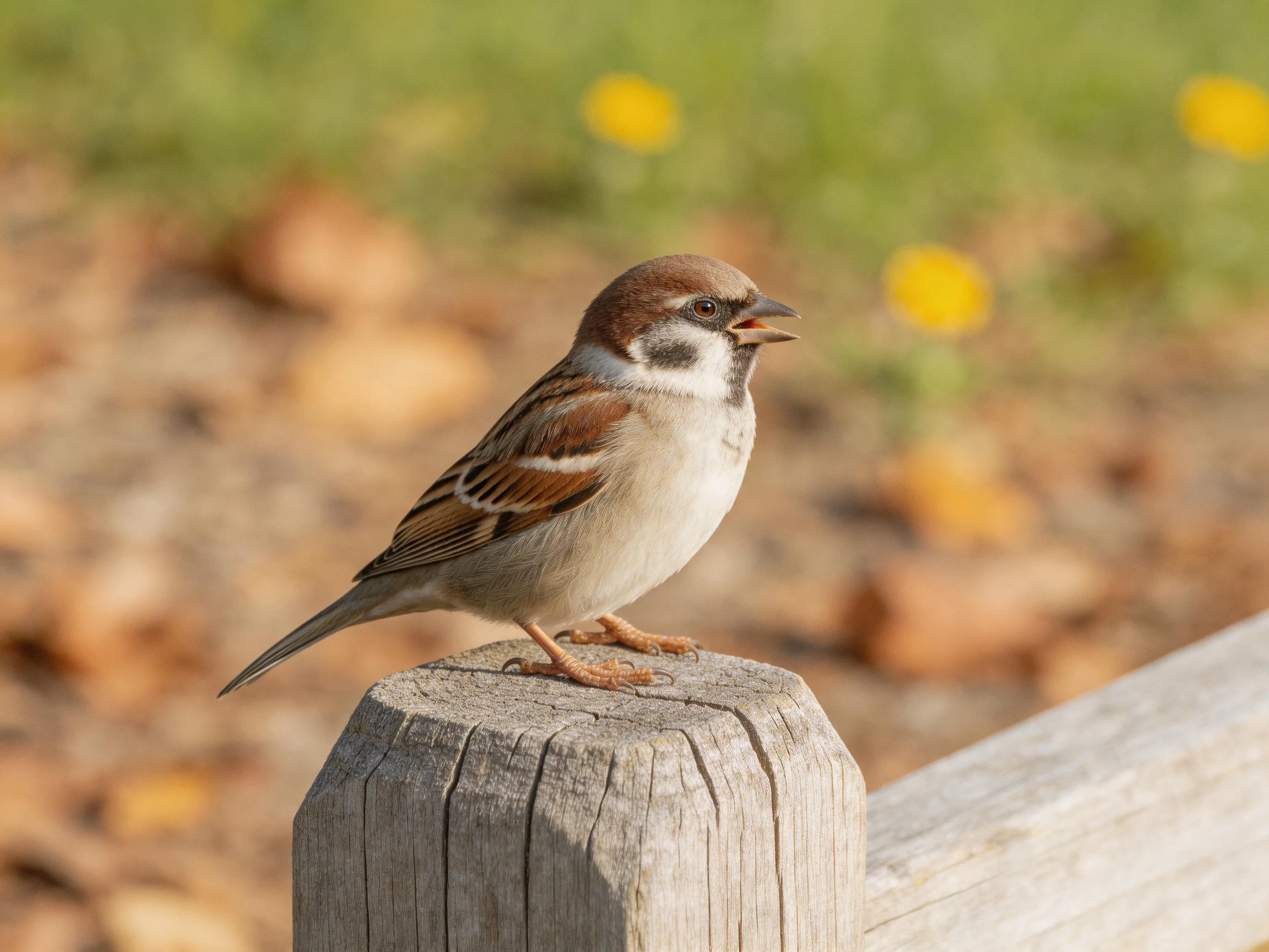 A brown-headed sparrow rests on a weathered wooden post near yellow flowers.