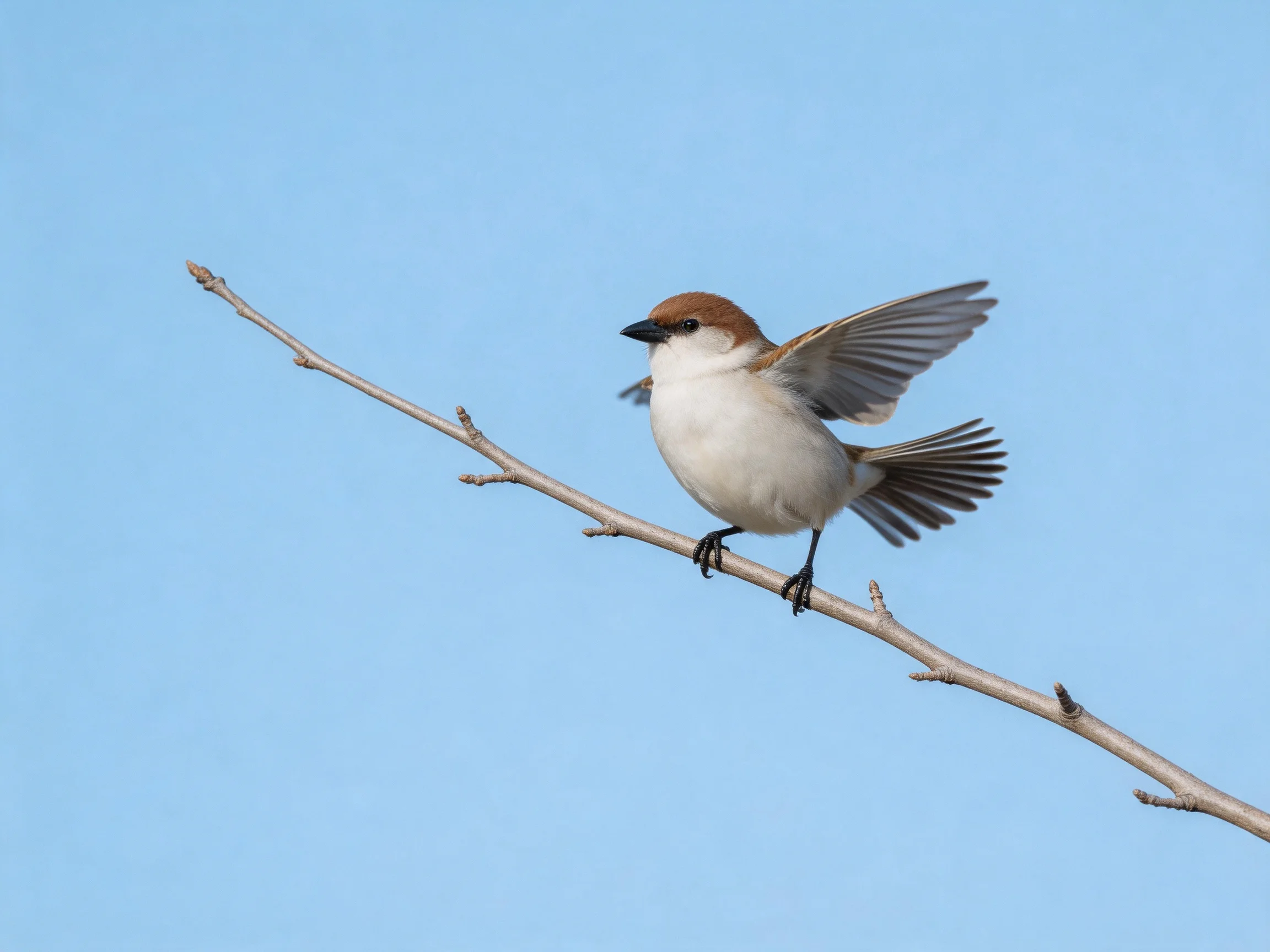A brown-headed sparrow spreads wings on a bare branch