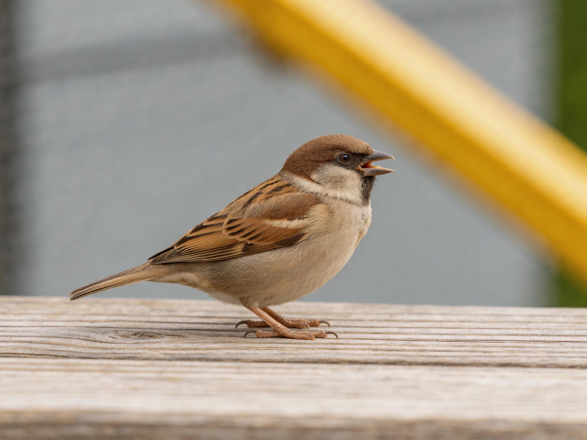 A brown-headed sparrow stands on a wooden plank