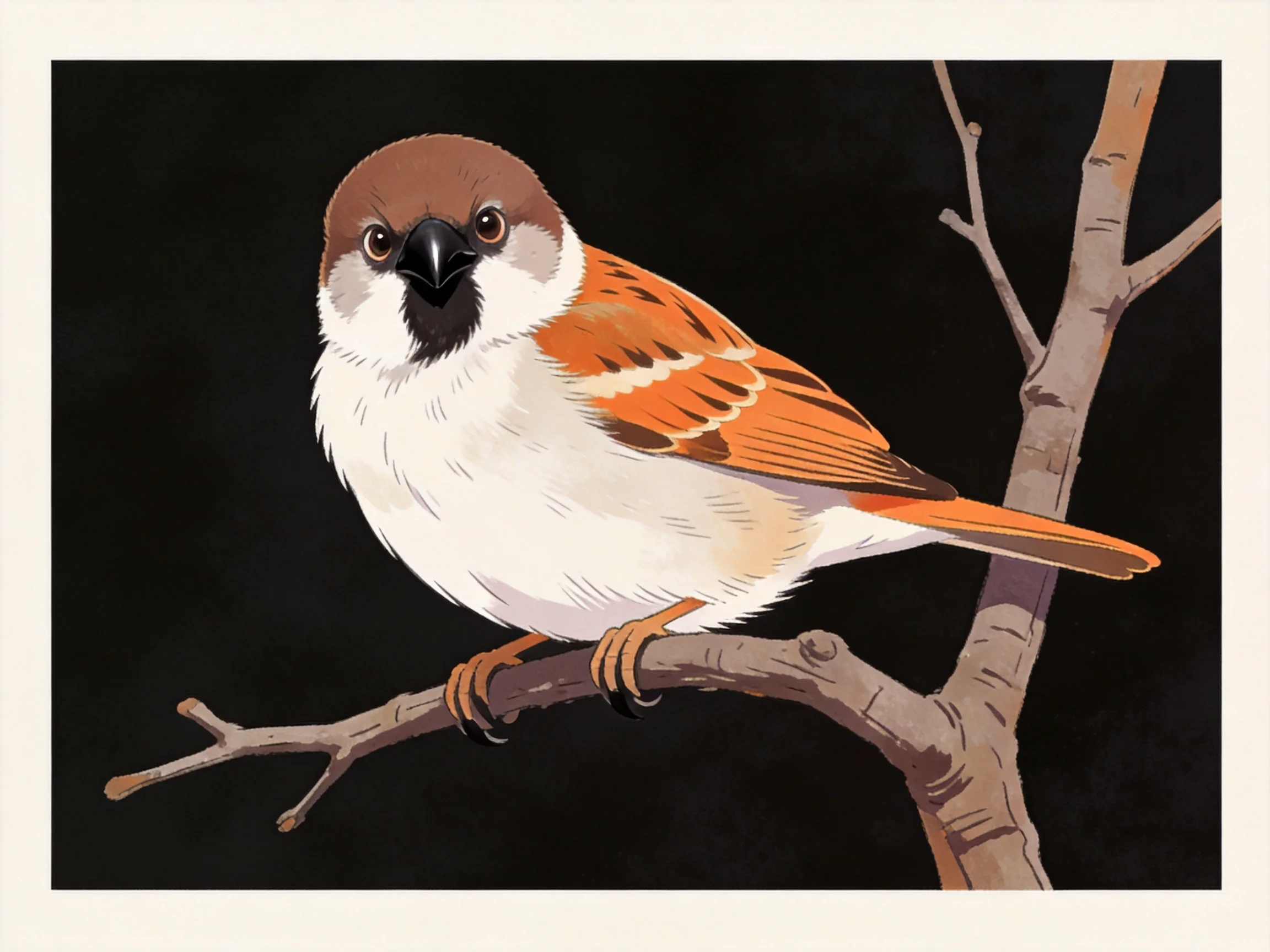 A brown-headed sparrow with orange wing markings perches on a bare tree branch
