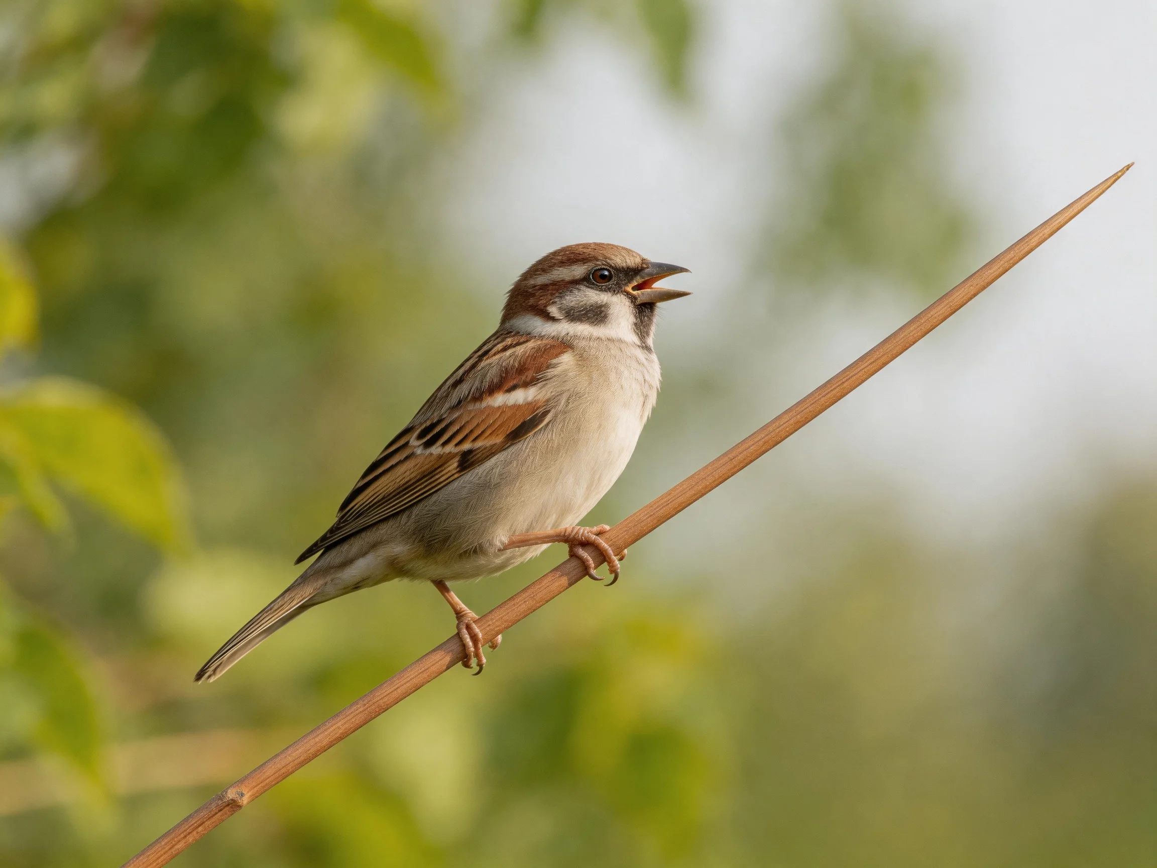 A brown-headed sparrow with striped plumage perches on a slender branch