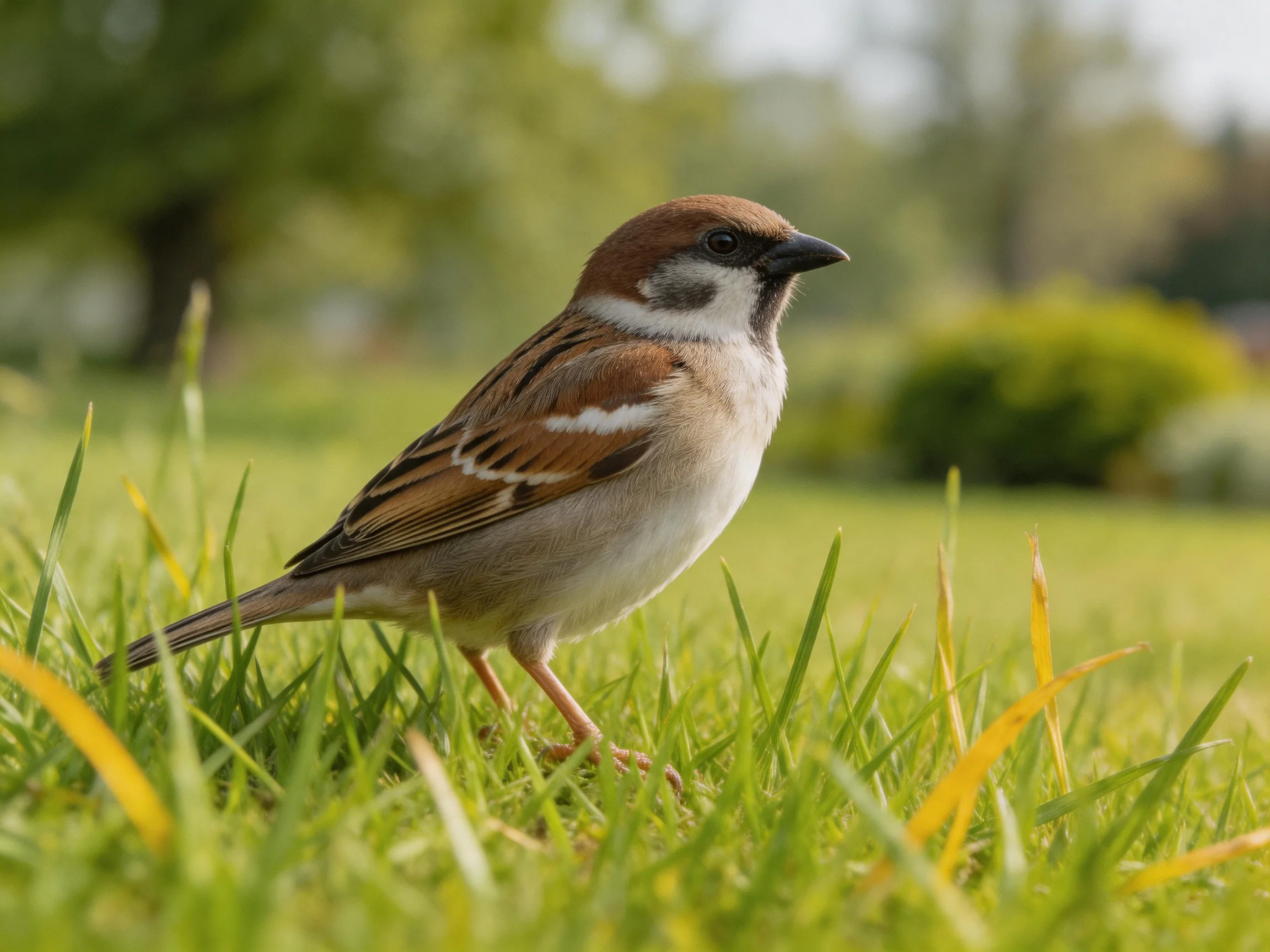 A brown-headed sparrow with striped wings on lush green grass