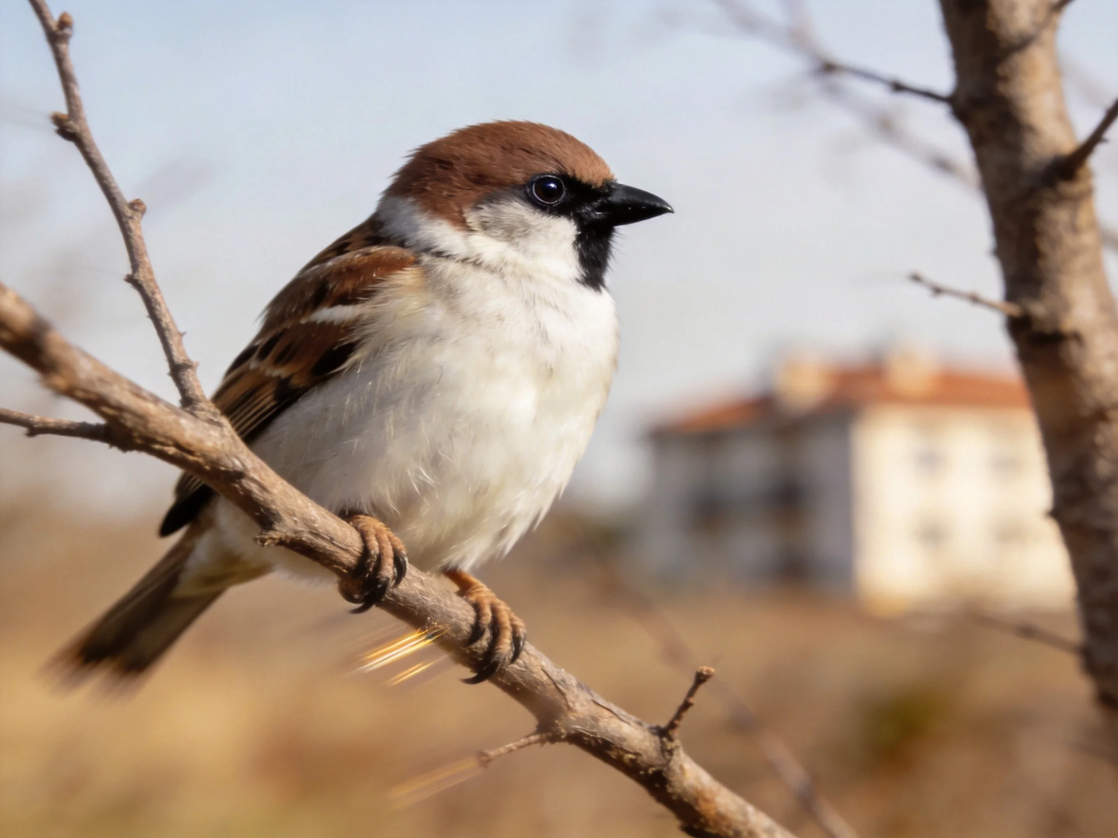 A brown-headed sparrow with white chest perches on a bare branch