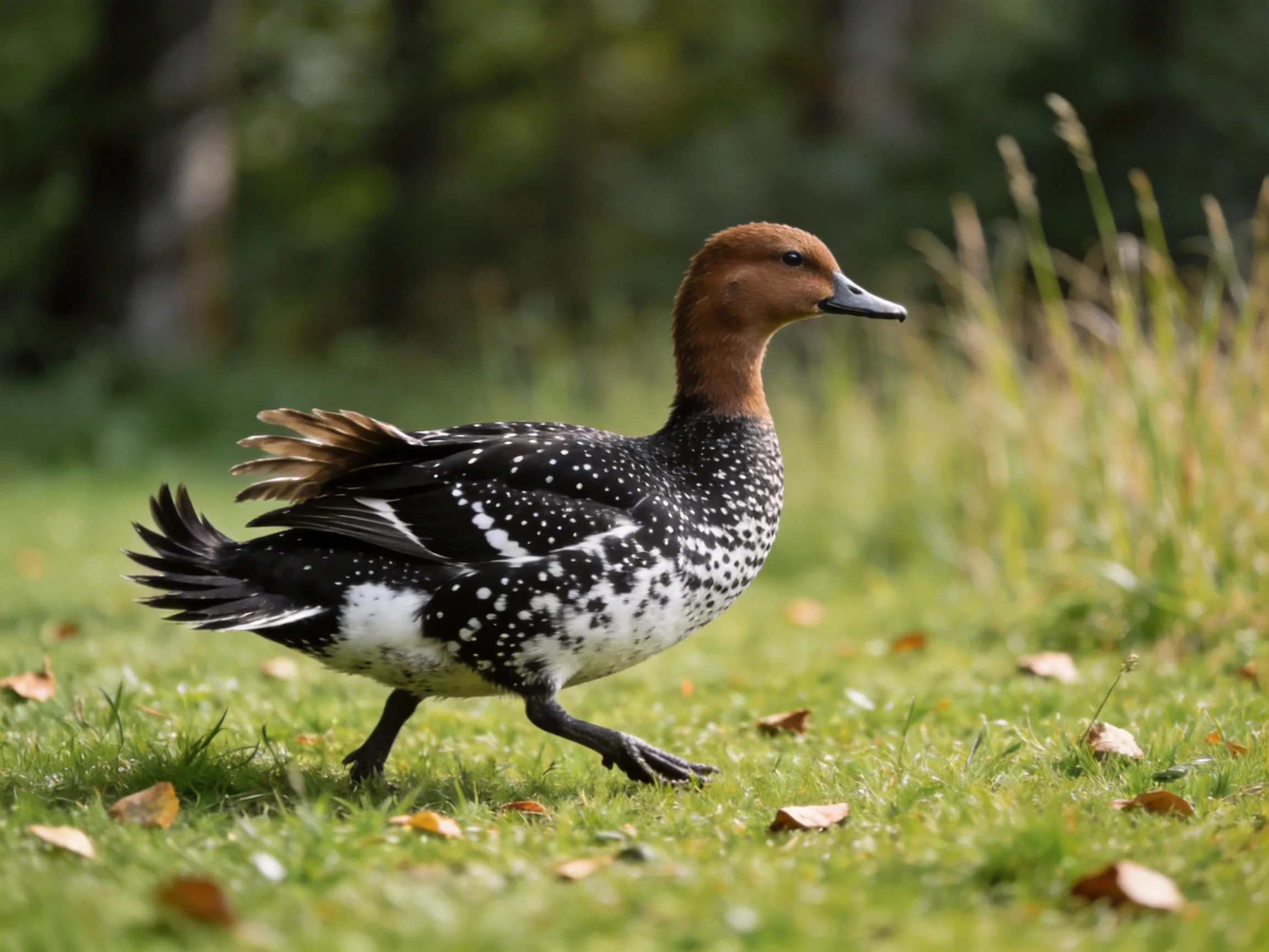 A brown-headed spotted duck walks through grassy terrain