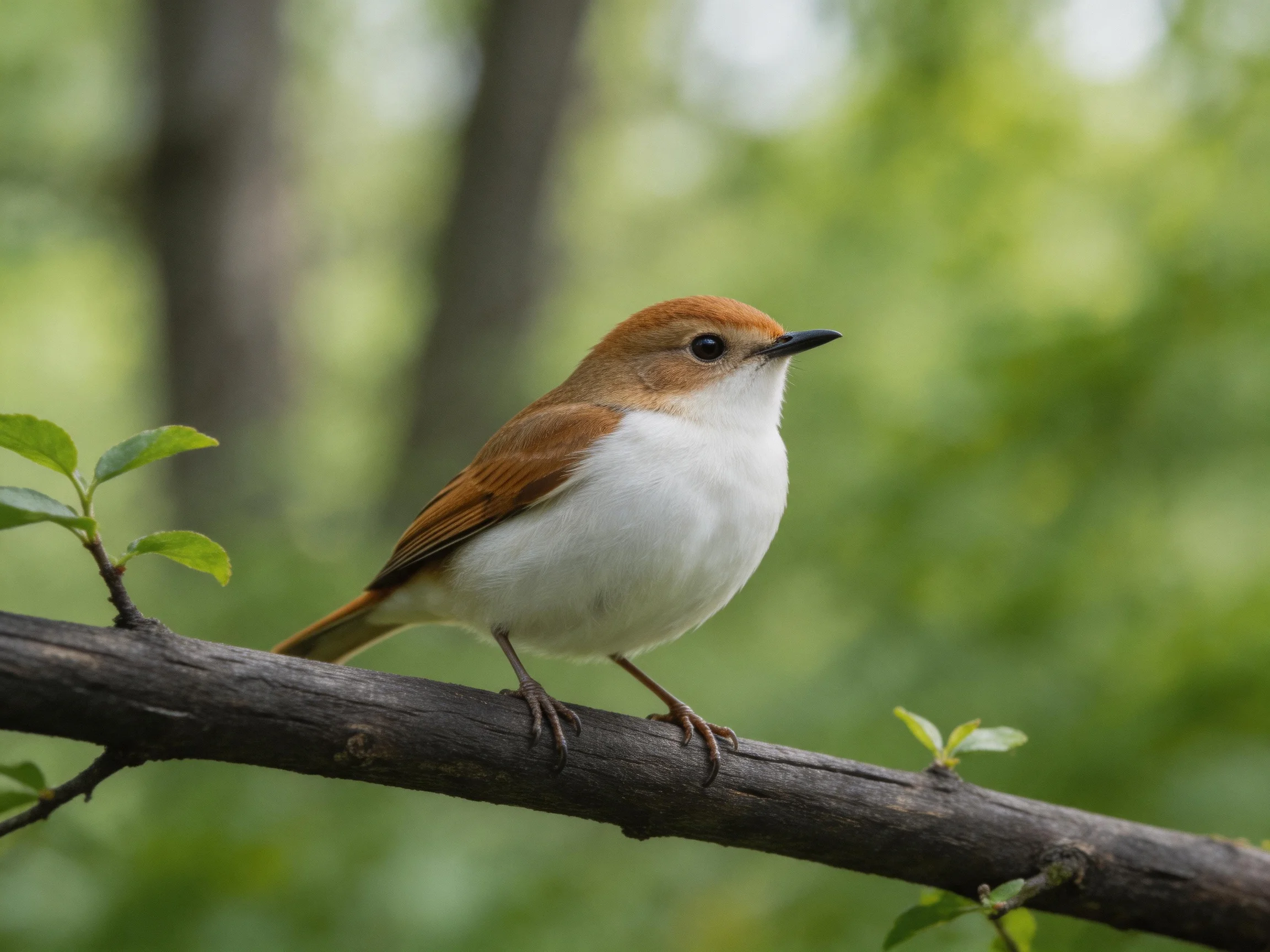 A brown-headed white-bellied bird perches on a dark branch