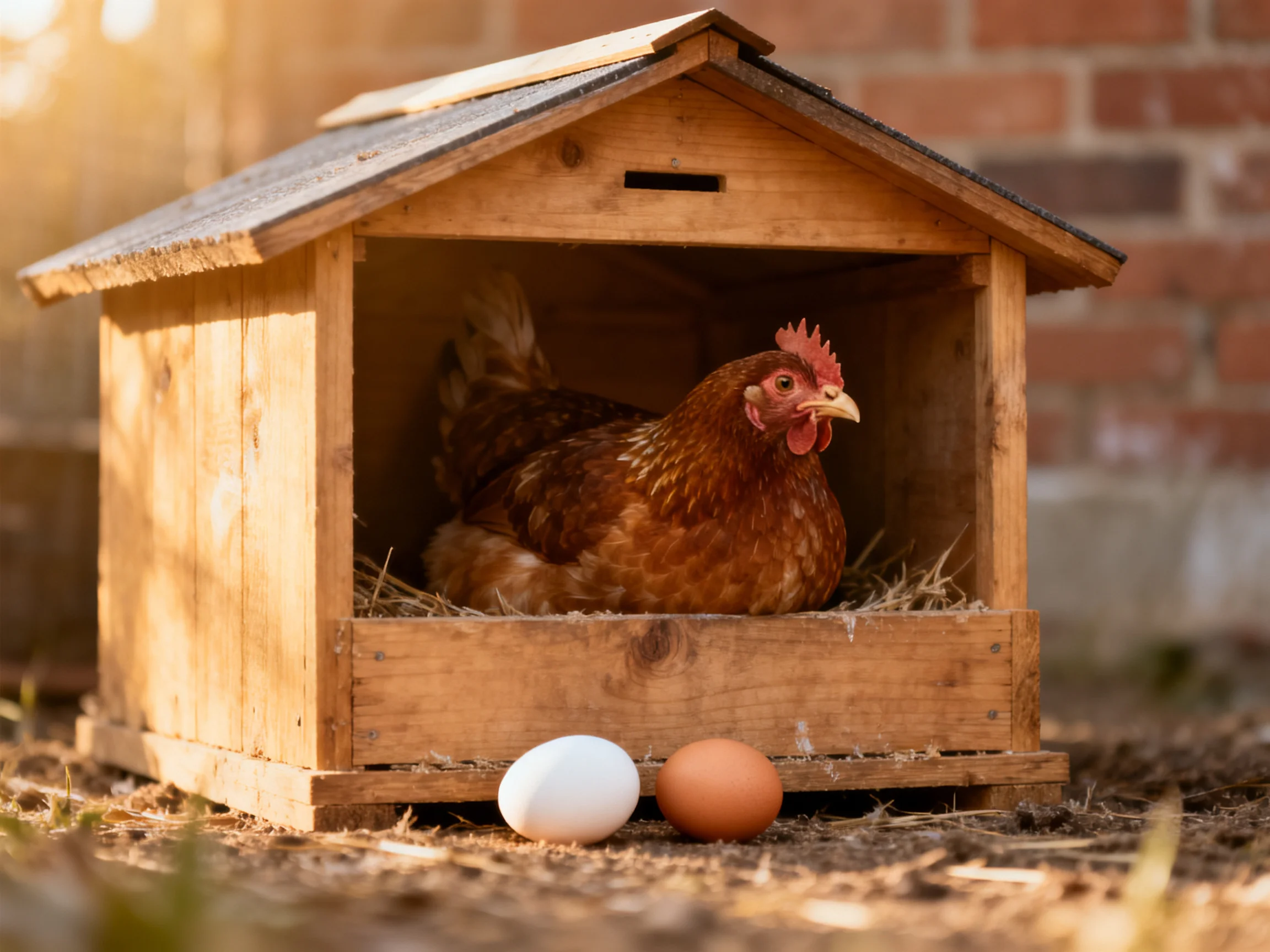 A brown hen in a wooden coop with two eggs outside