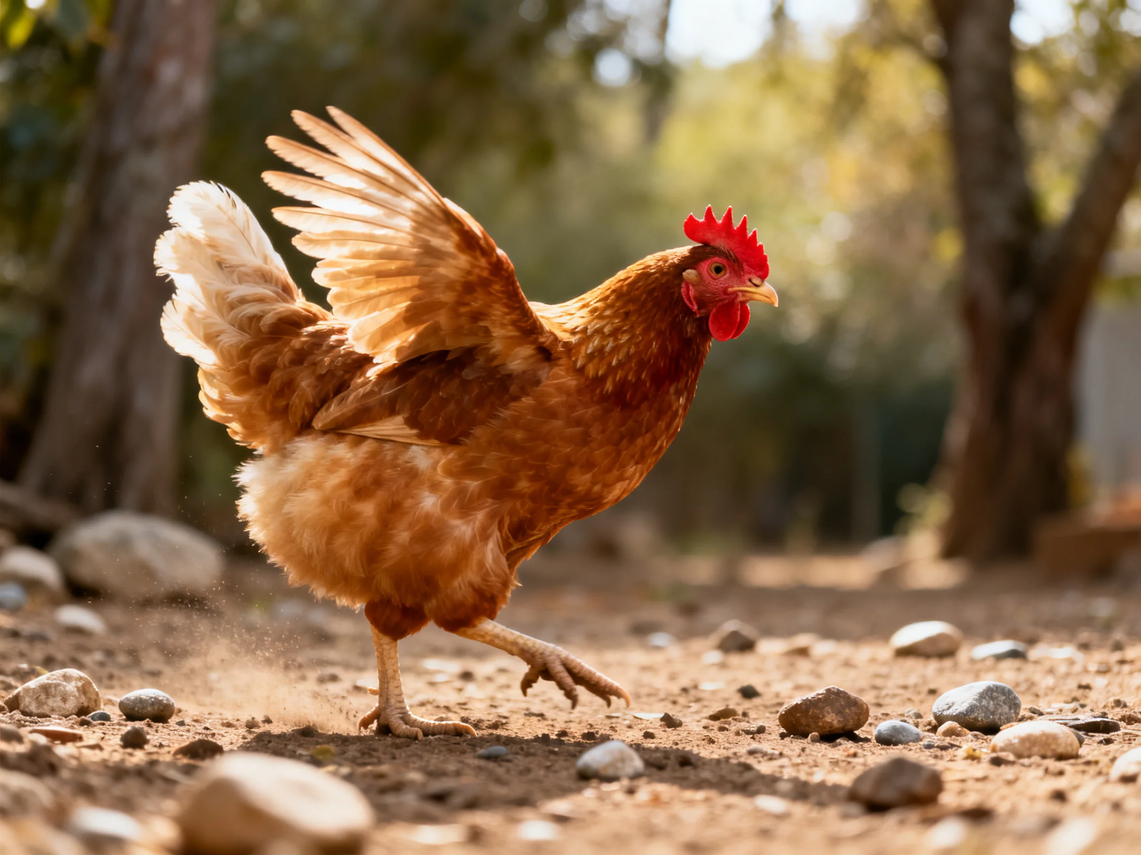 A brown hen spreads wings on a sunlit rocky path