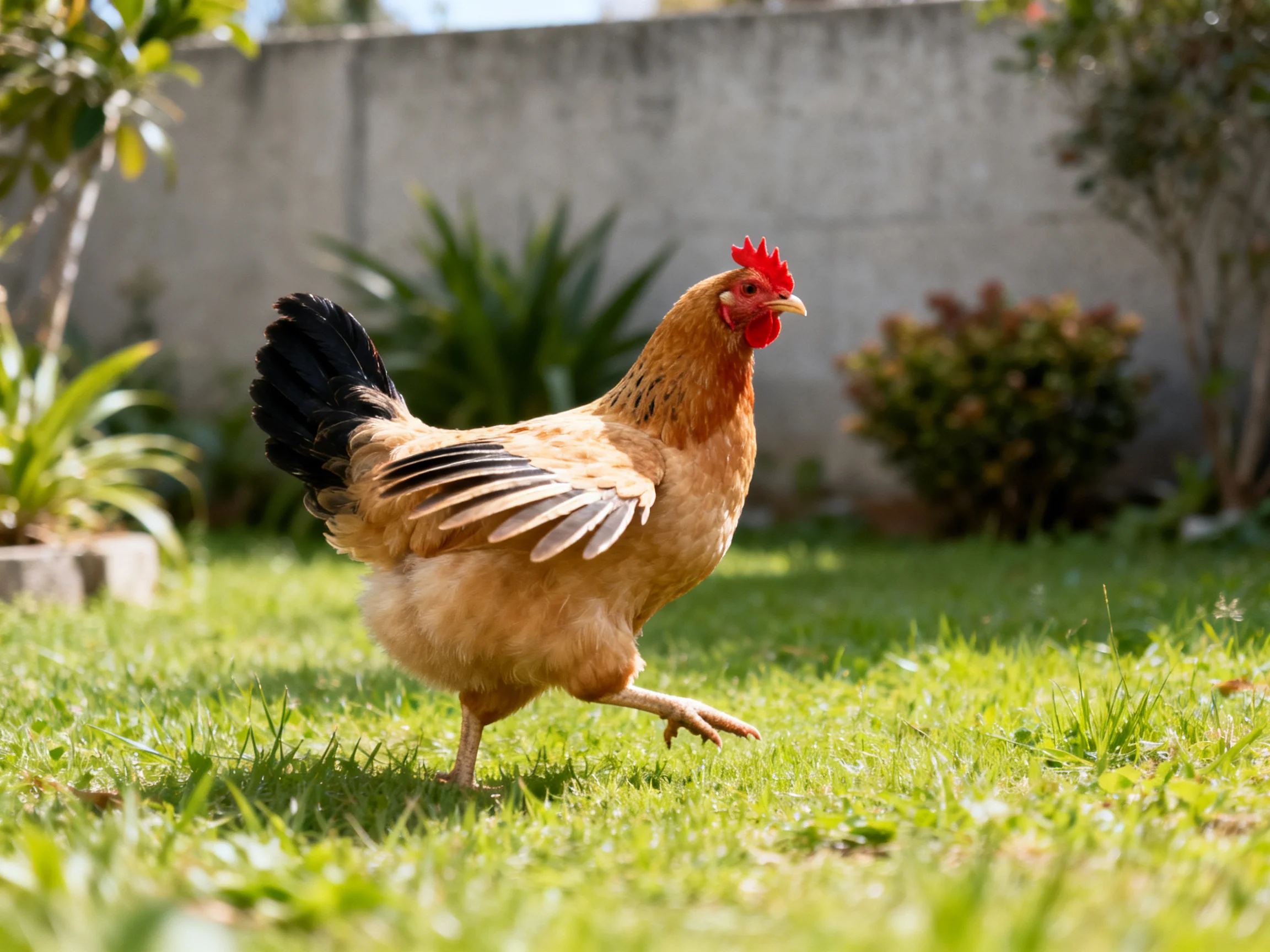 A brown hen with black tail walks on lush green grass