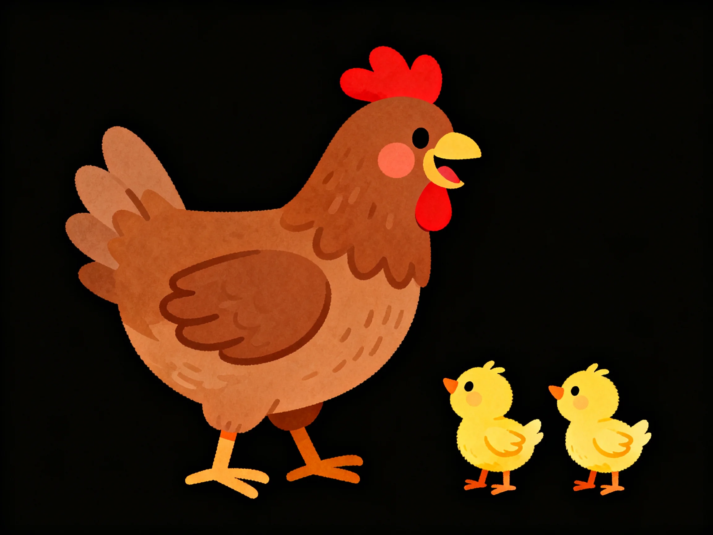 A brown hen stands next to two yellow chicks on a black background.