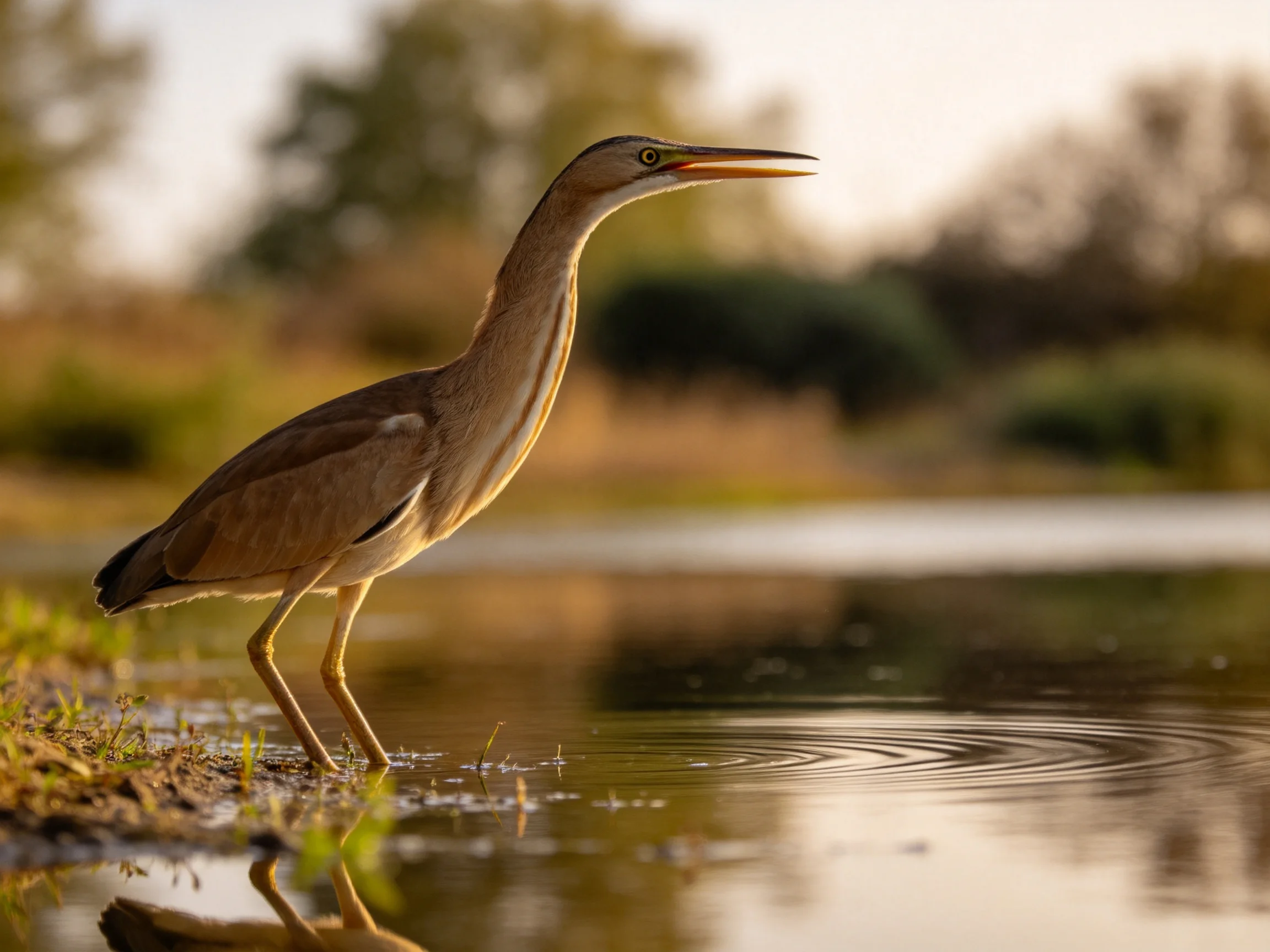 A brown heron stands by rippling water under warm light