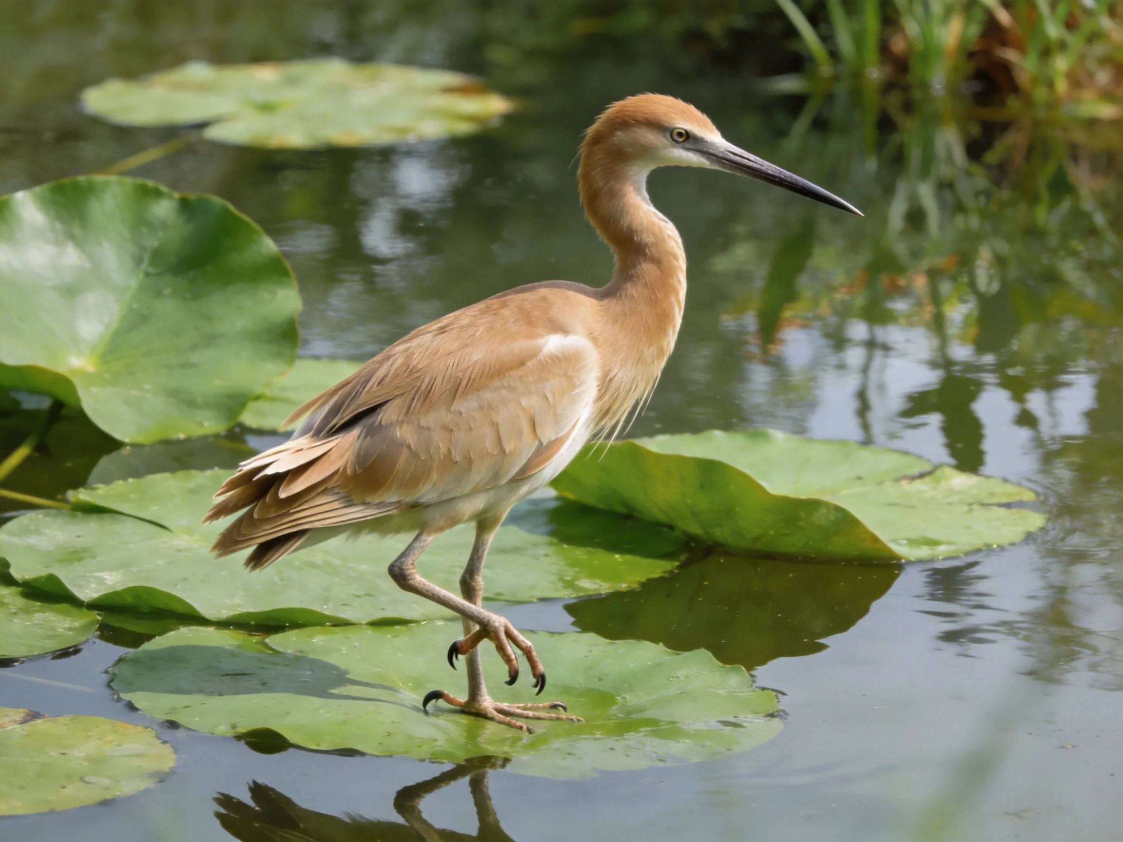 A brown heron walking on green water lilies in calm waters
