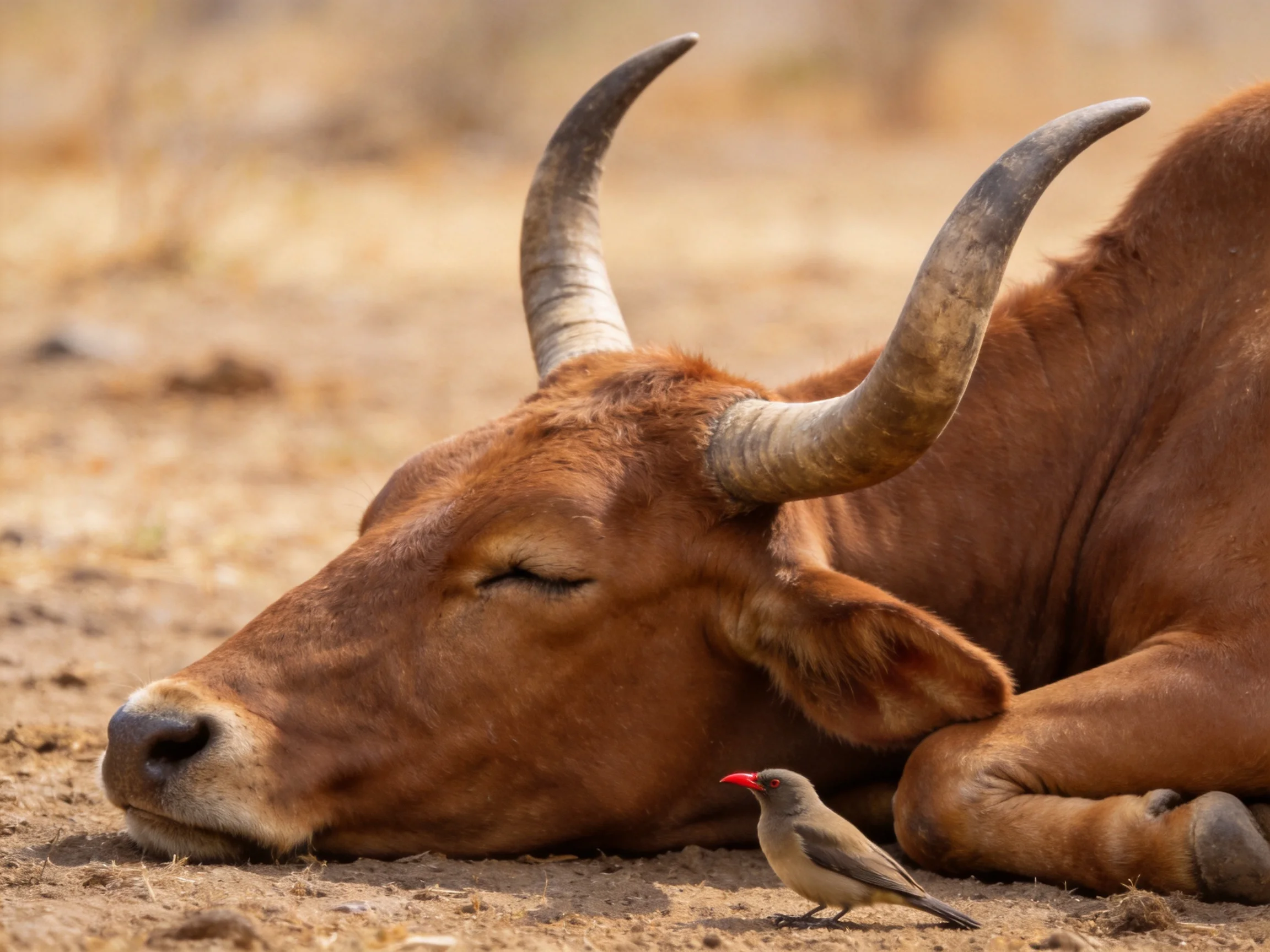 A brown horned cow resting beside a small gray bird