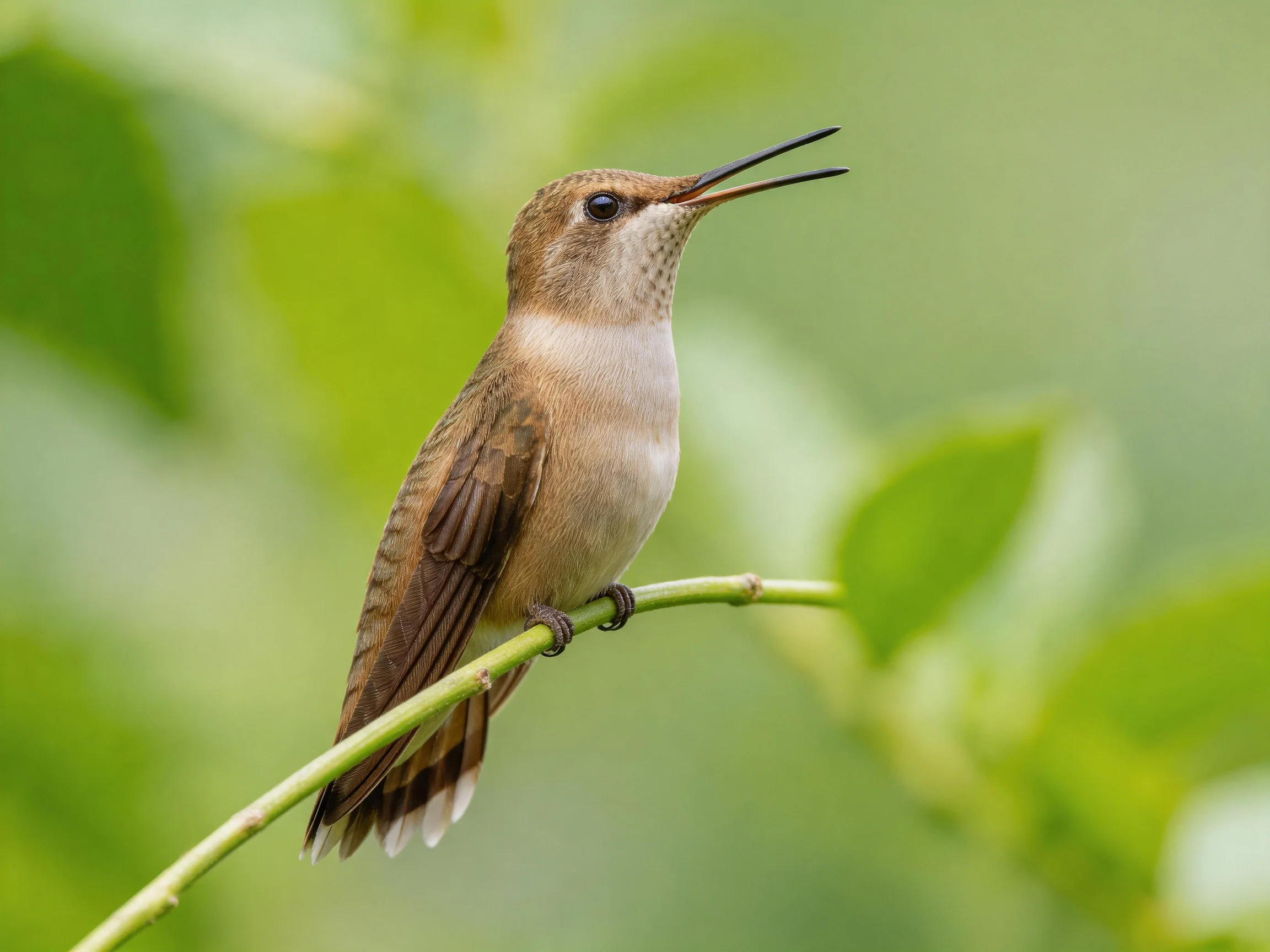 A brown hummingbird perches on a slender green branch