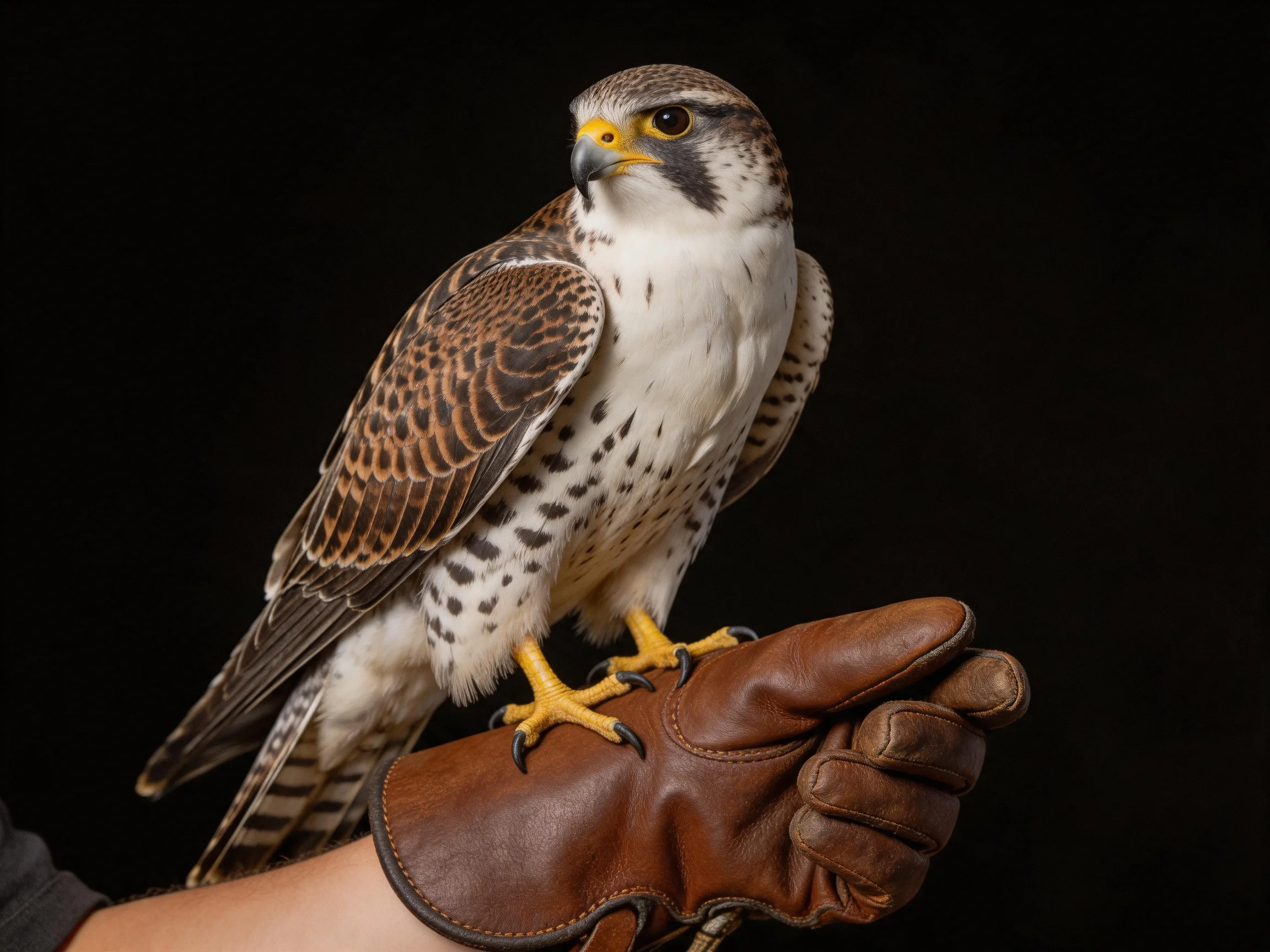 A brown leather glove supports a brown-spotted falcon with yellow talons