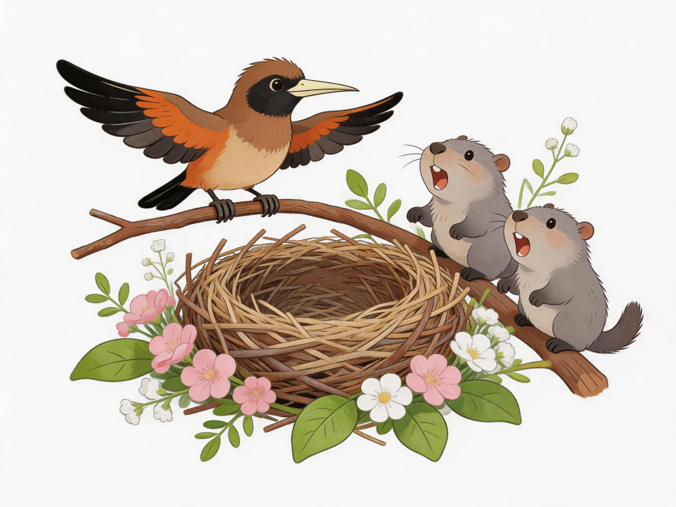 A brown-orange bird, two gray animals, and an empty woven nest