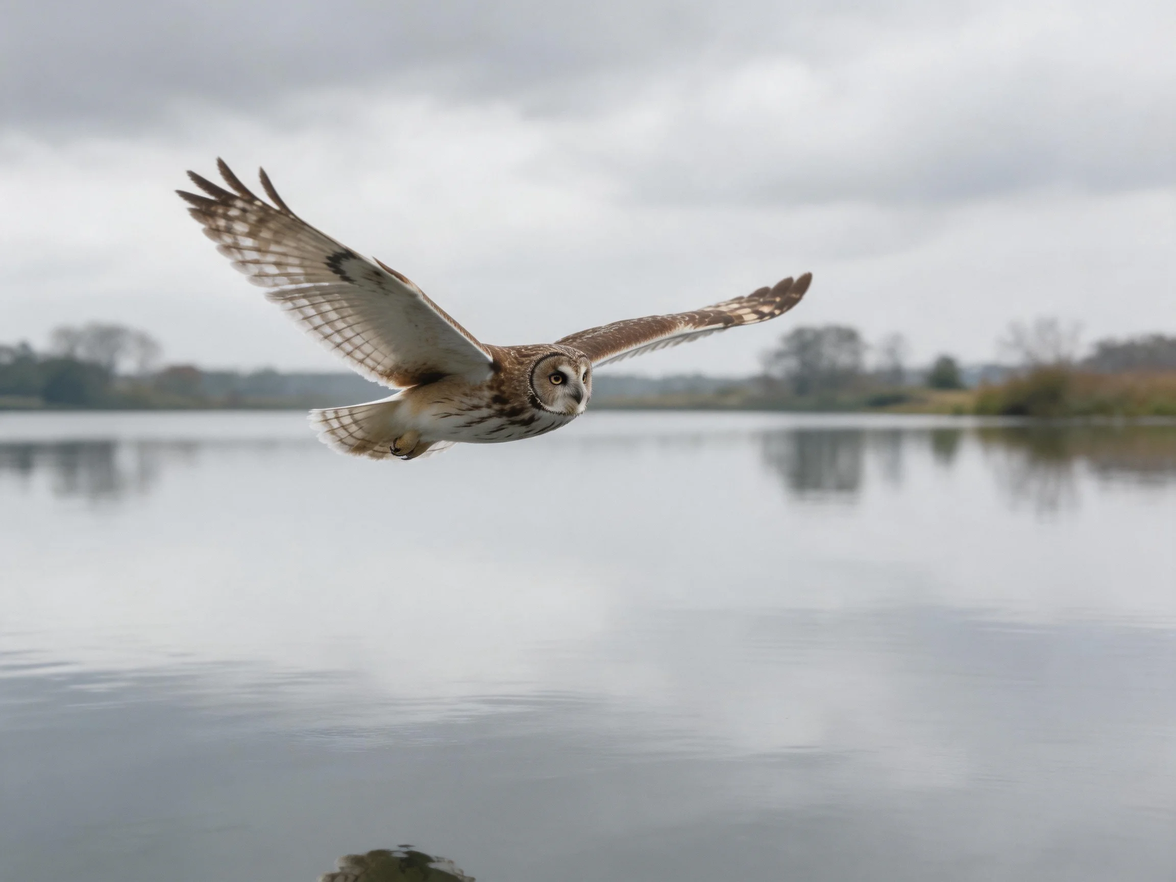 A brown owl glides over a calm, reflective body of water