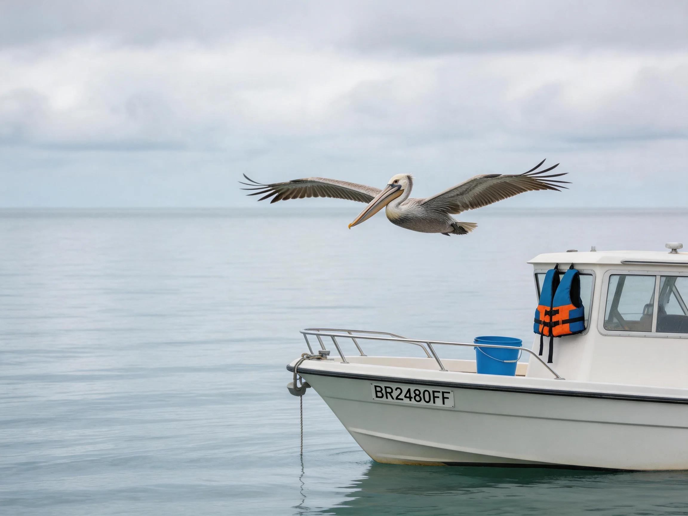 A brown pelican flies beside a white boat on calm water