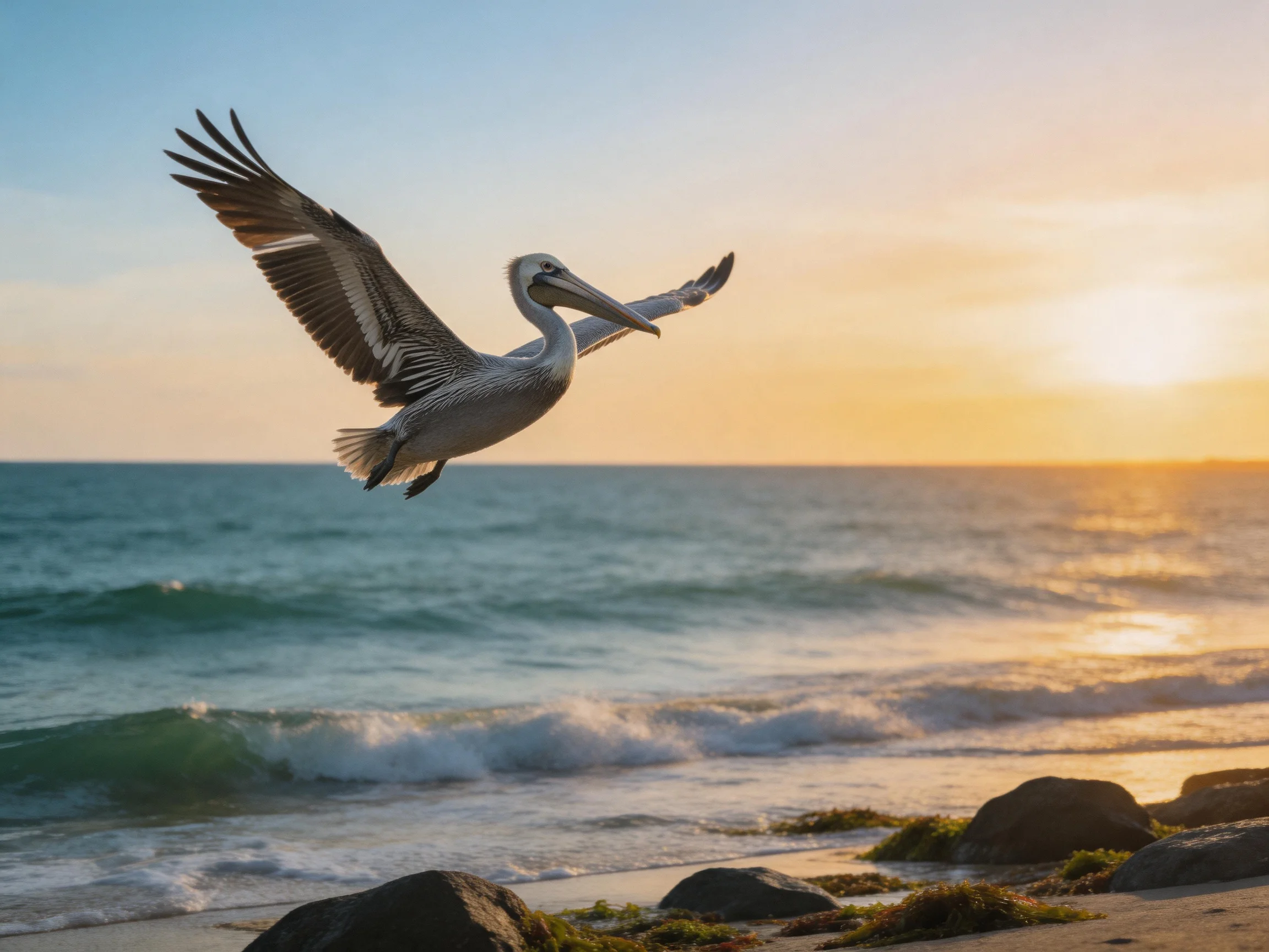 A brown pelican flies over a rocky beach at sunset