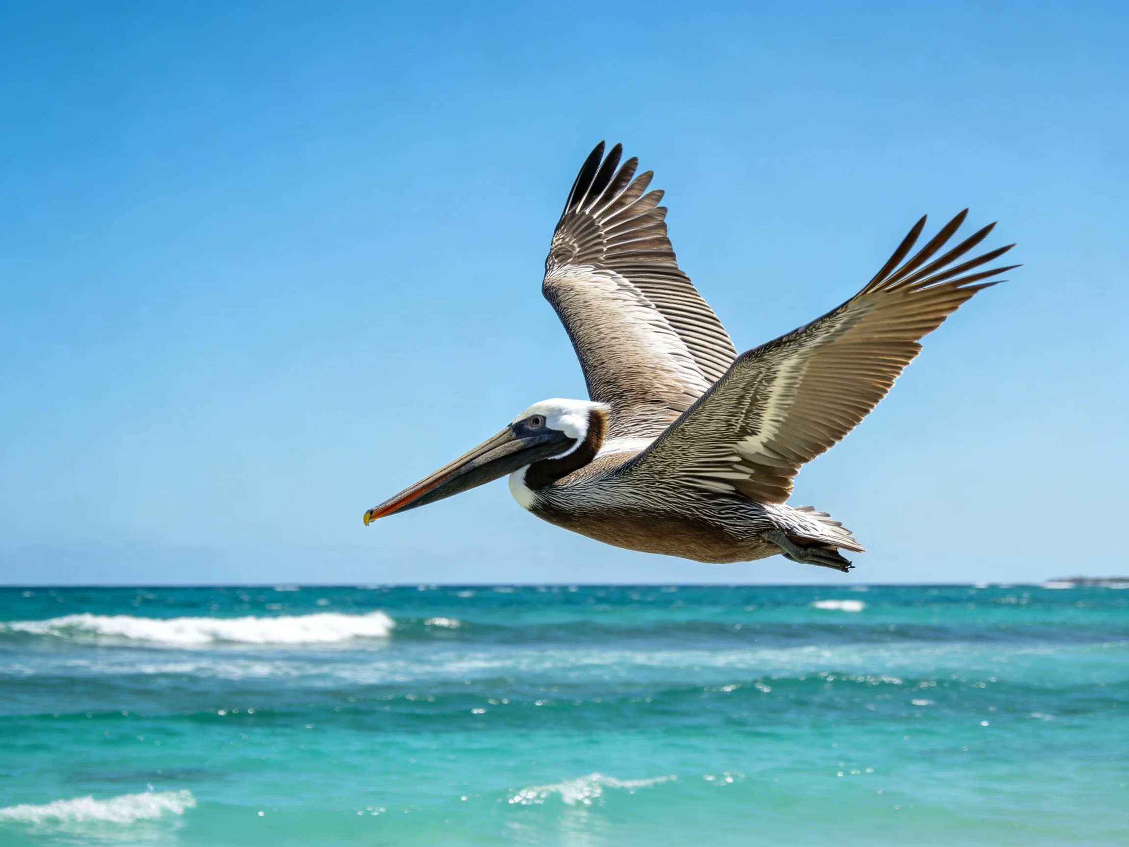 A brown pelican soars over turquoise ocean waters