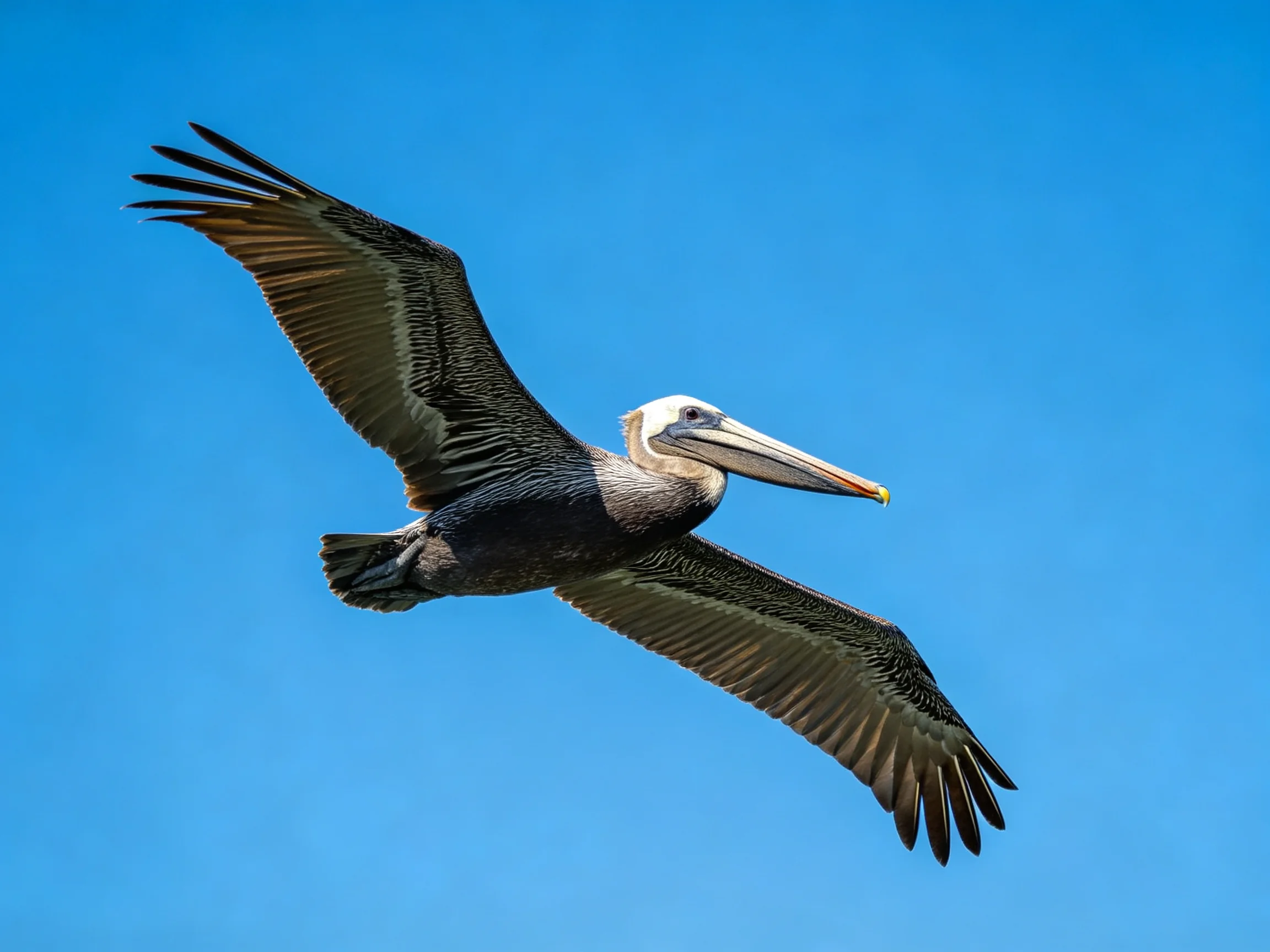 A brown pelican soars with outstretched wings against a clear blue sky