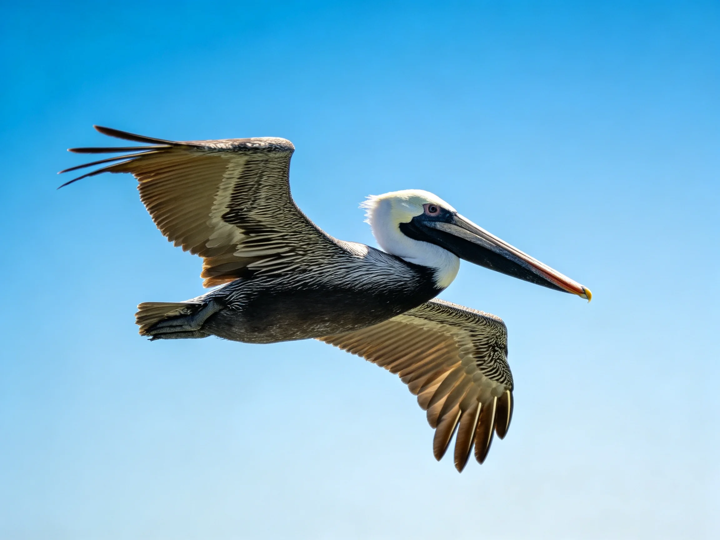 A brown pelican soars with outstretched wings against a clear blue sky