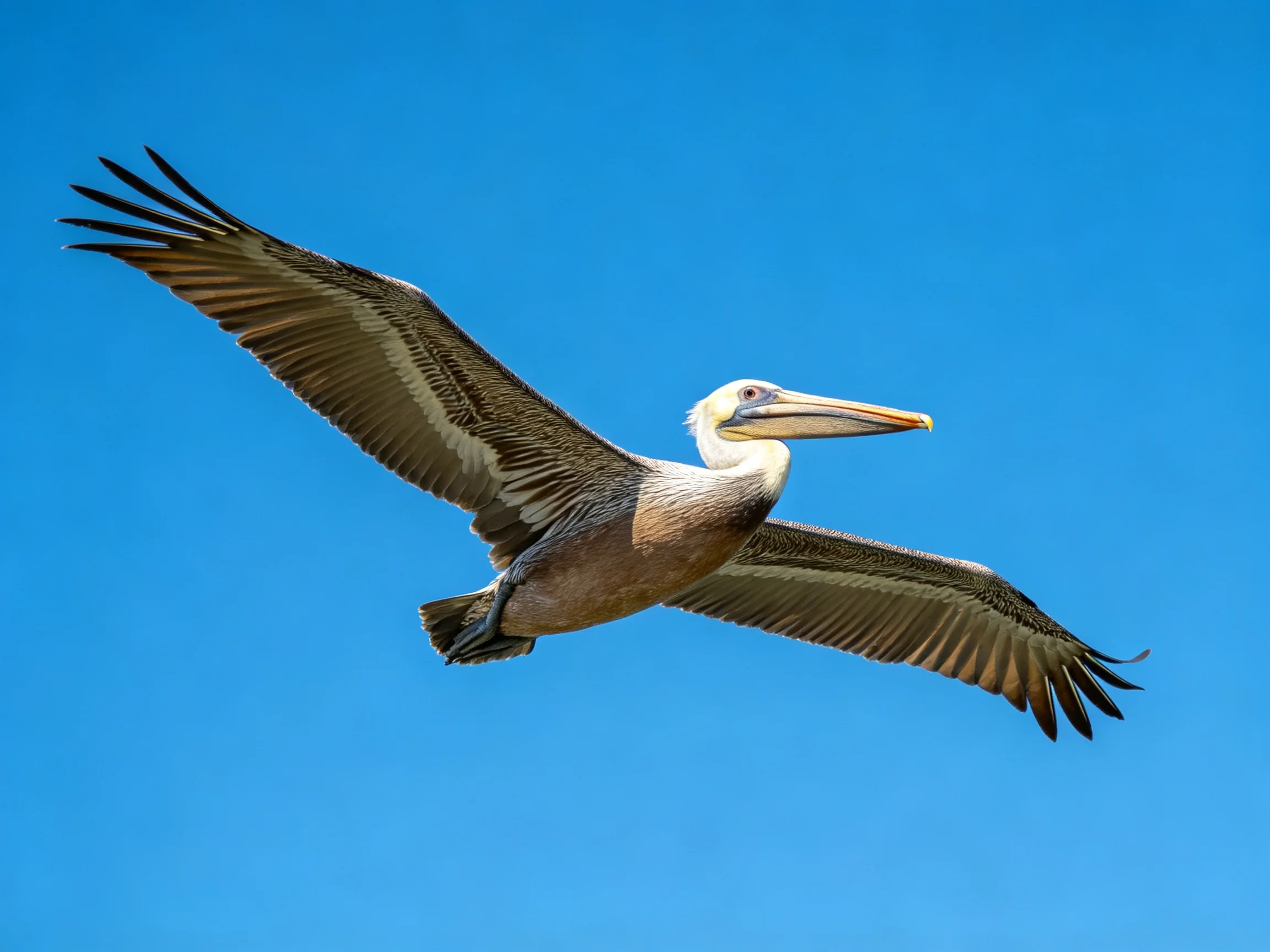 A brown pelican soars with outstretched wings against a clear blue sky.