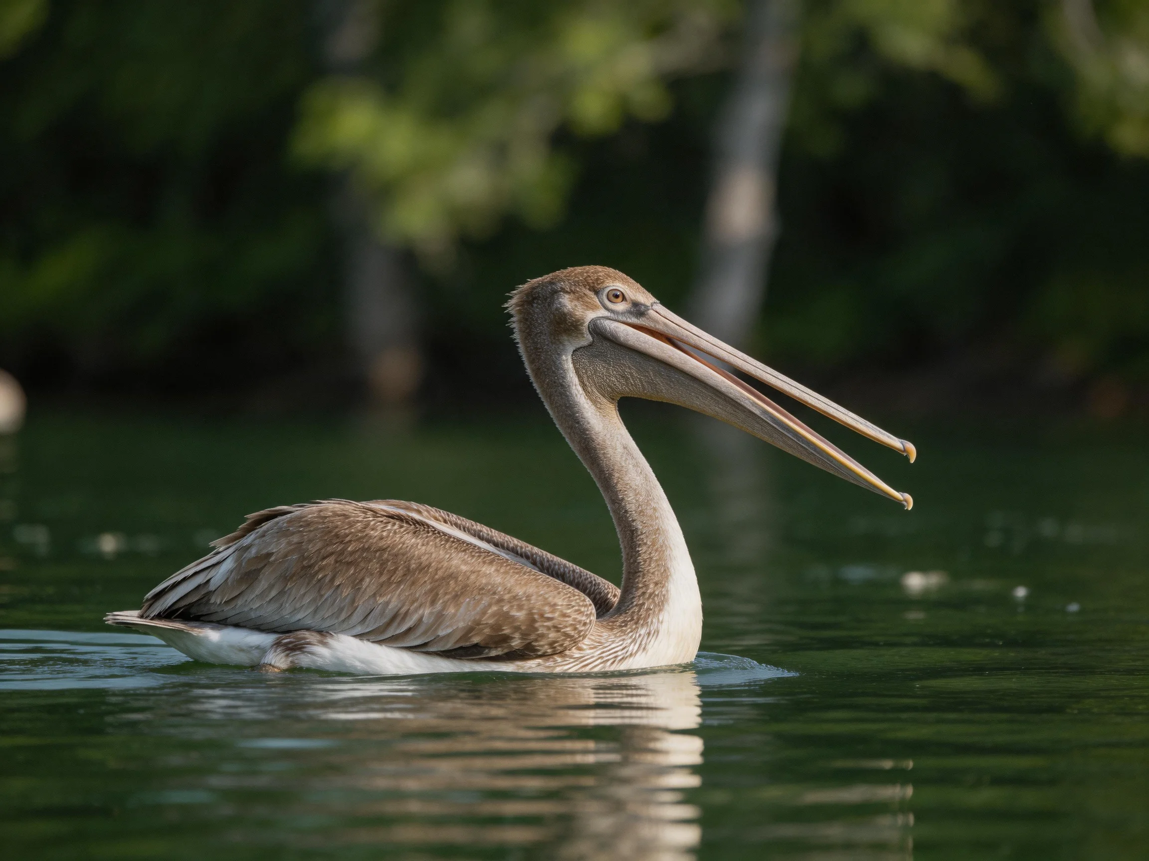 A brown pelican swims in calm green water near trees