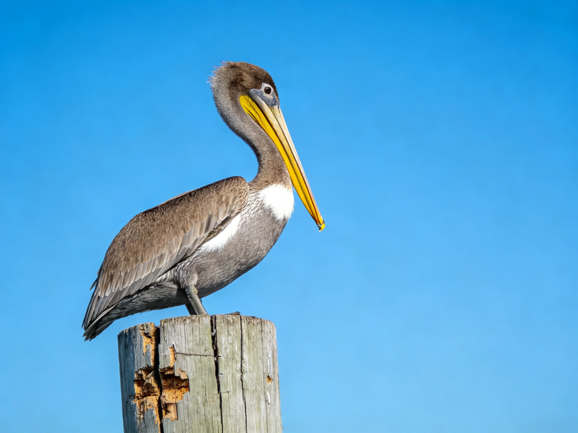 A brown pelican with yellow beak perched on a weathered wooden post