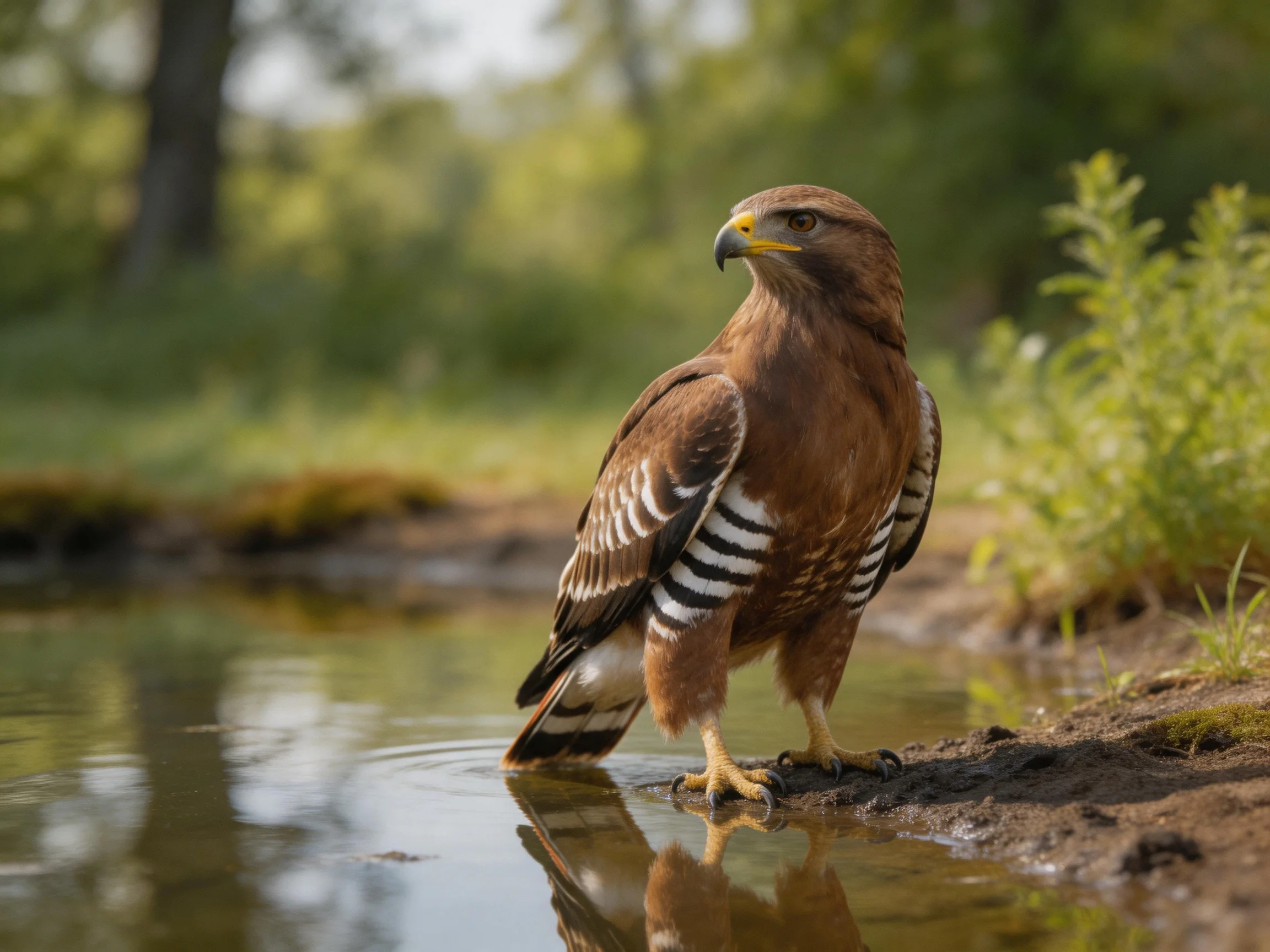 A brown raptor with striped wings by calm water