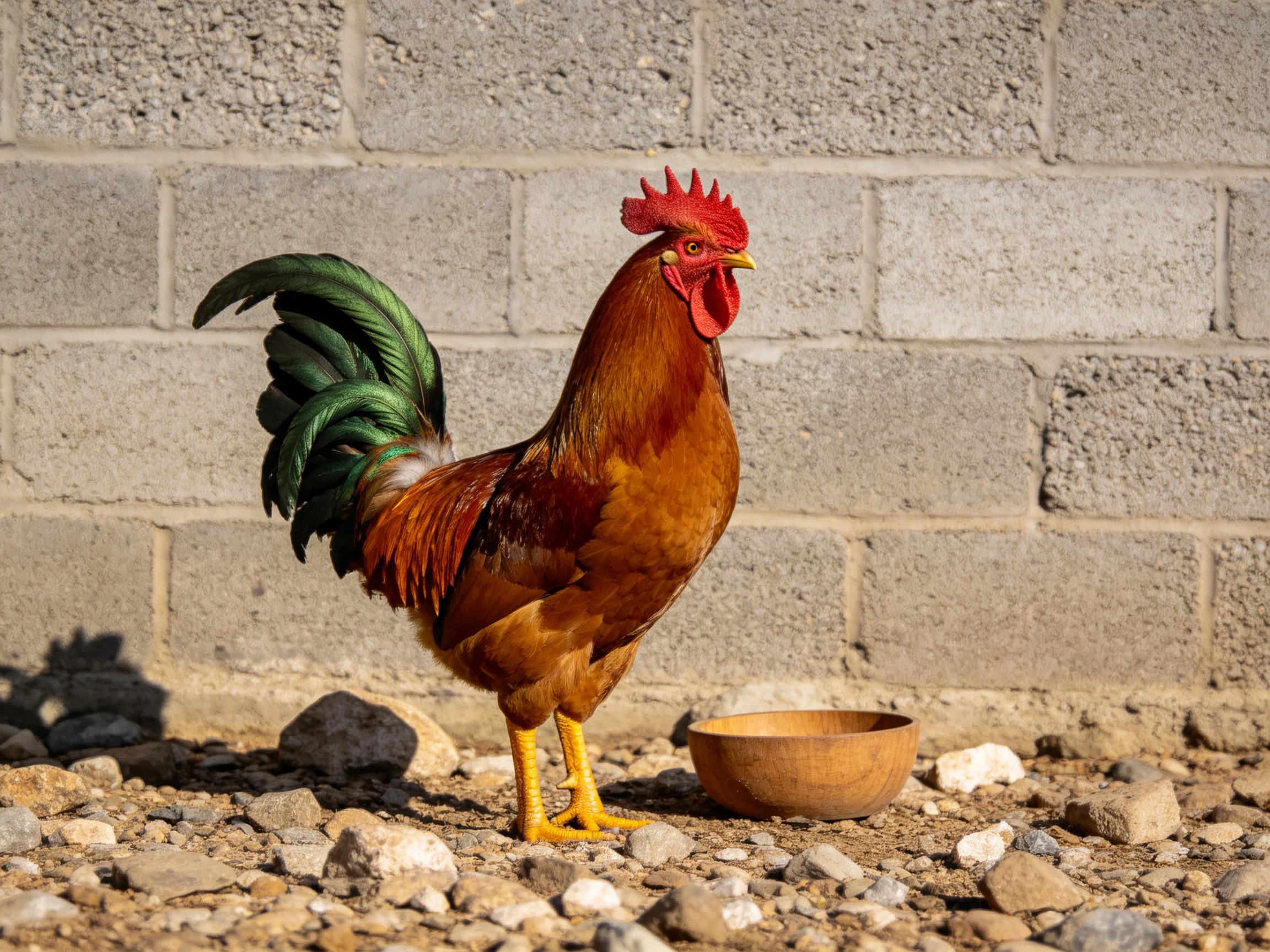 A brown rooster with green tail feathers stands beside a wooden bowl near a cinder block wall