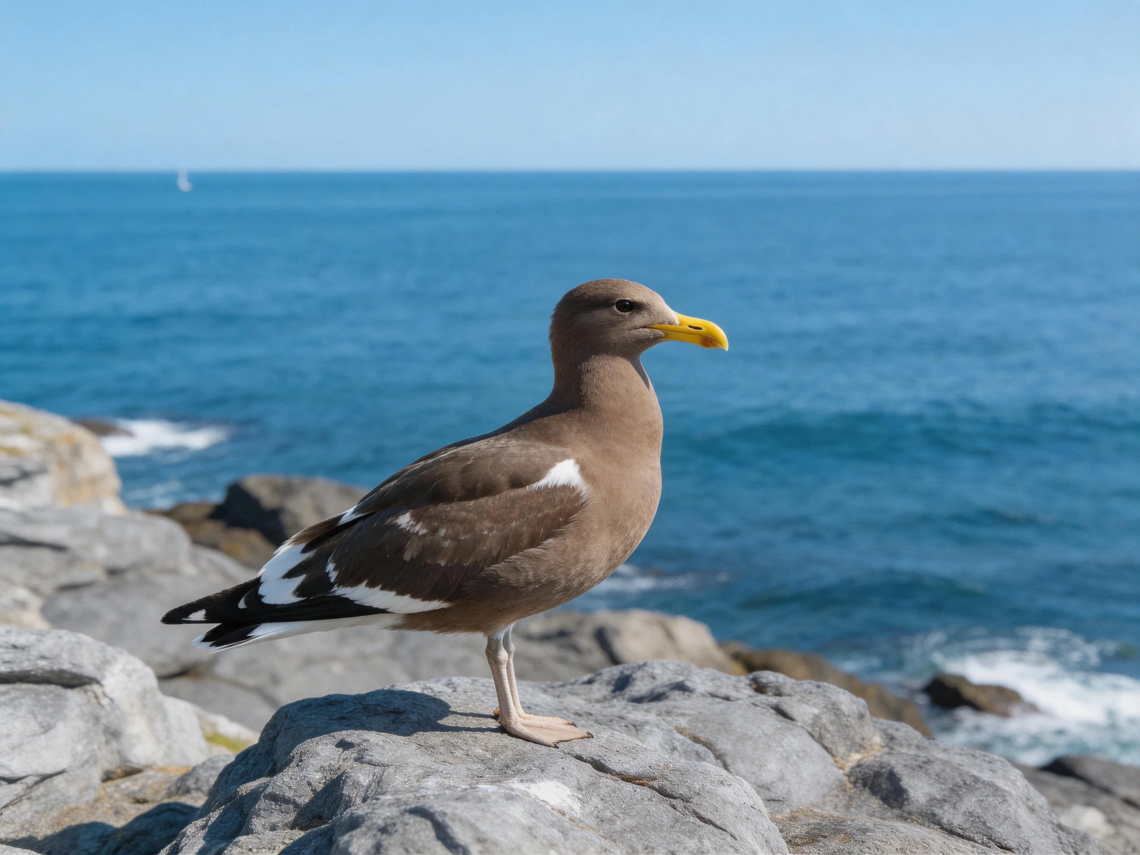 A brown seabird with white wing patches perches on coastal rocks
