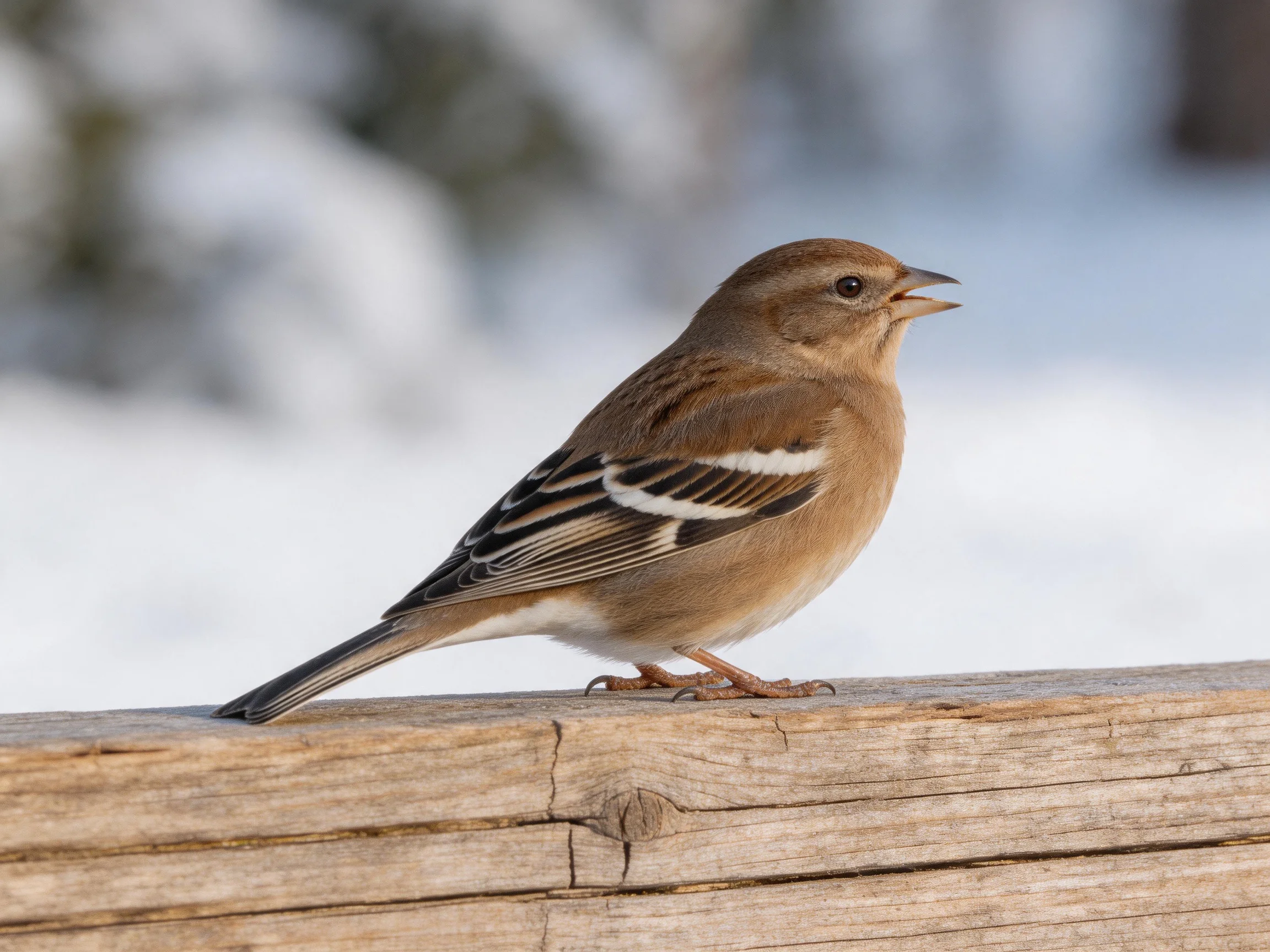 A brown songbird with black-and-white wing markings perched on weathered wood