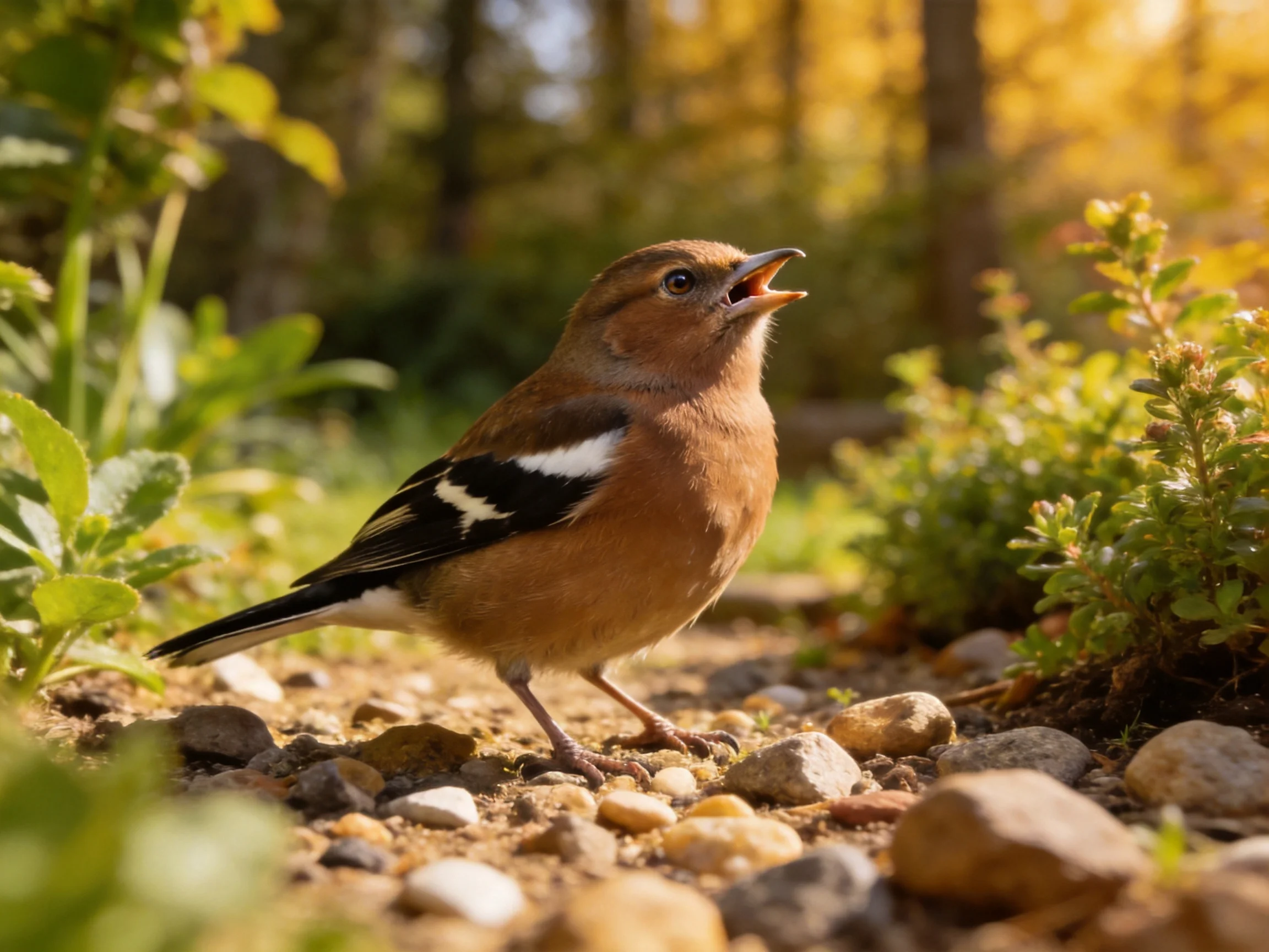 A brown songbird with black-and-white wings on rocky forest ground