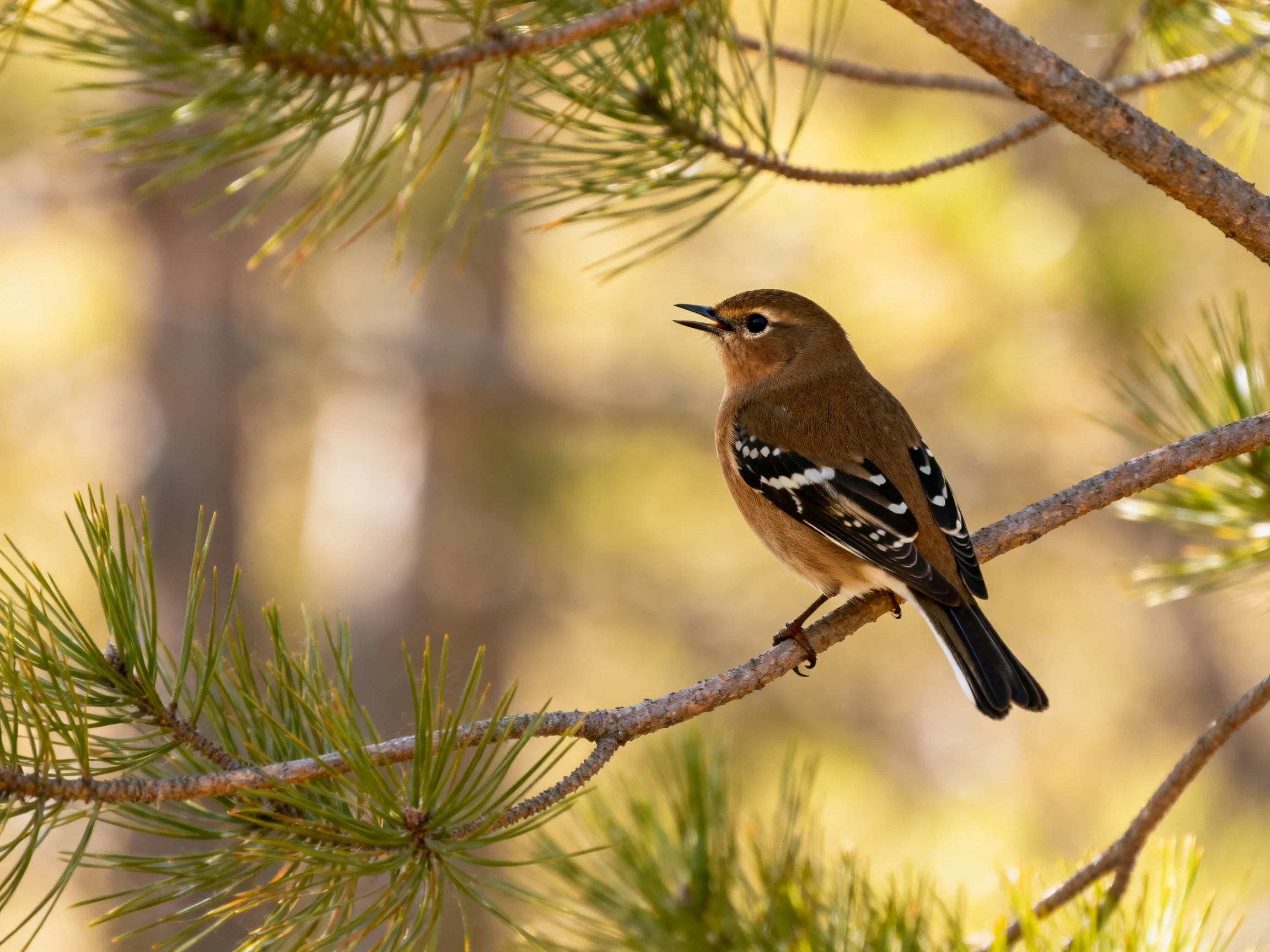A brown songbird with black-white wing patterns perches on pine branch