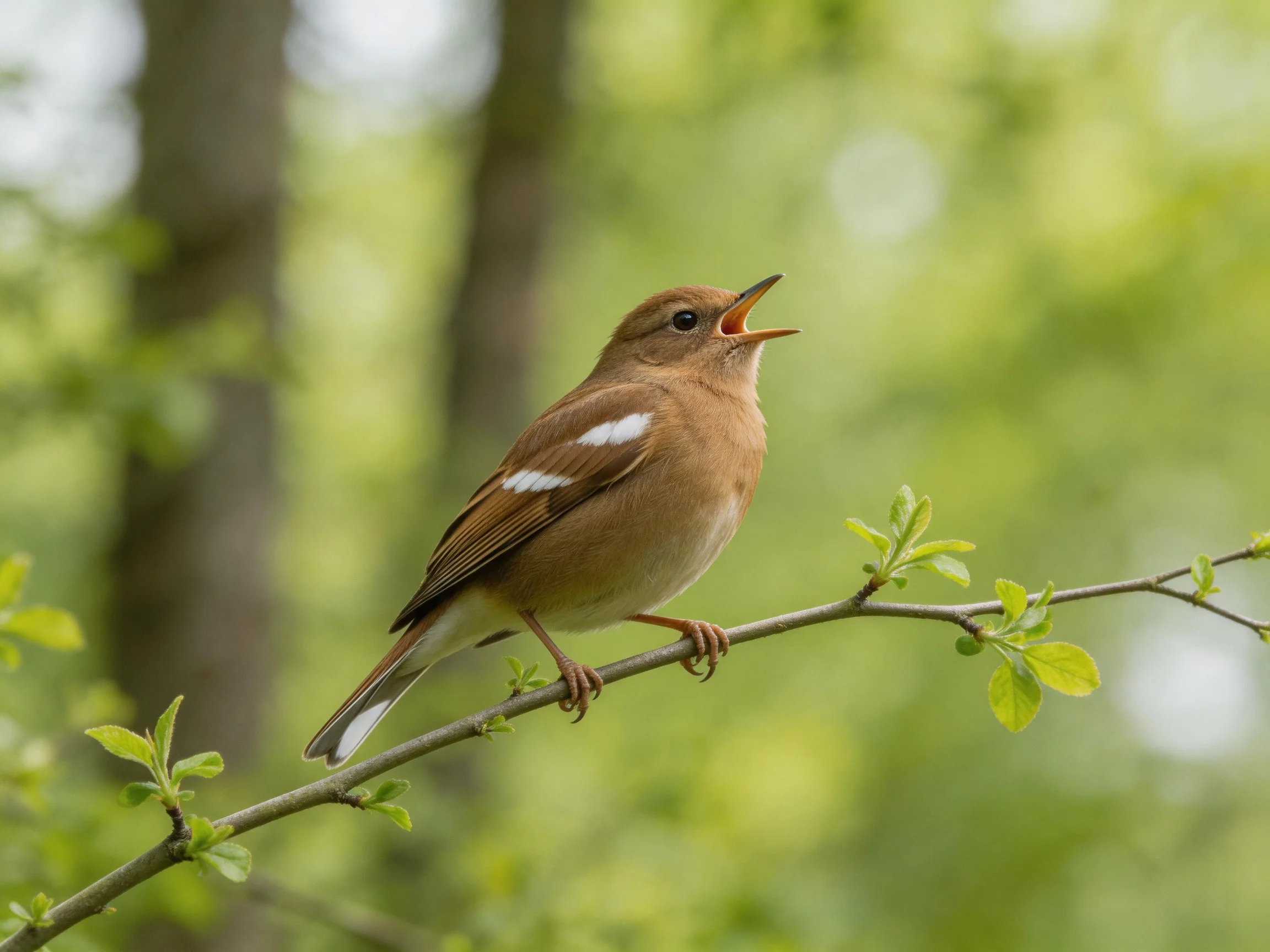 A brown songbird with white wing patches perches on a leafy branch