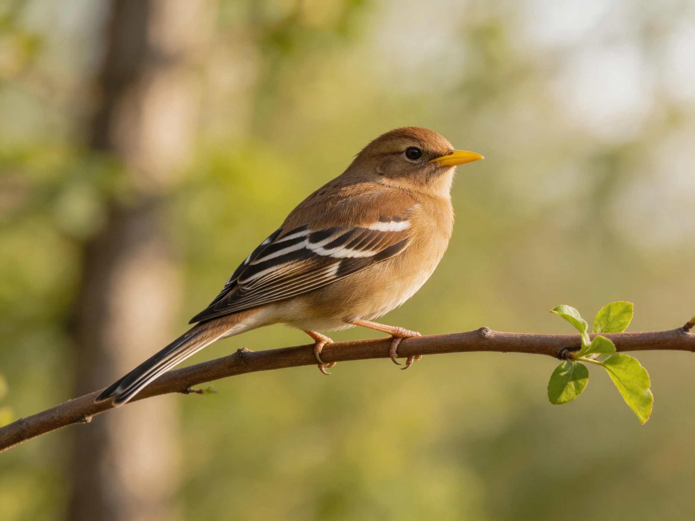 A brown songbird with yellow beak perches on a branch