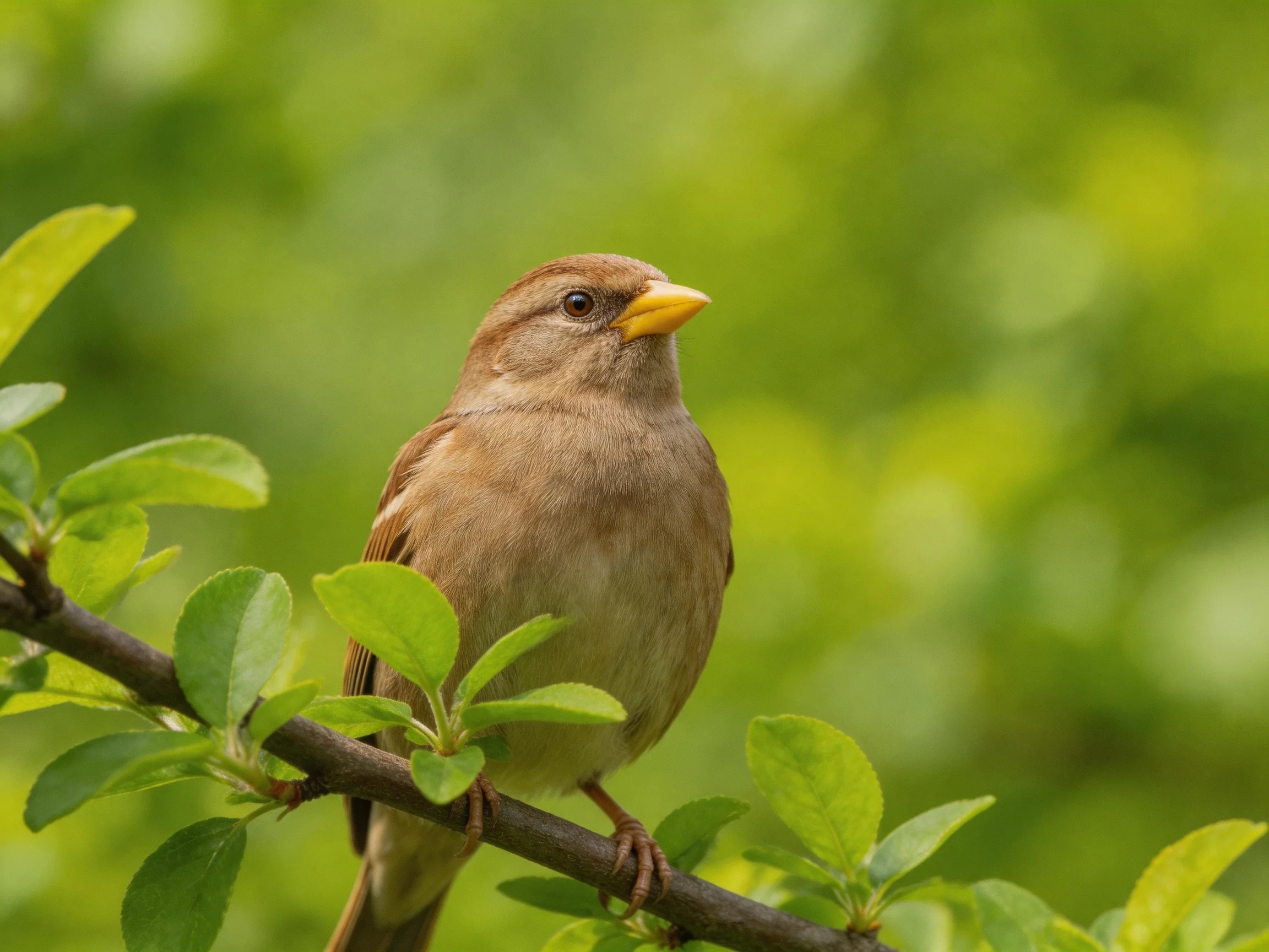 A brown sparrow perched on a leafy tree branch