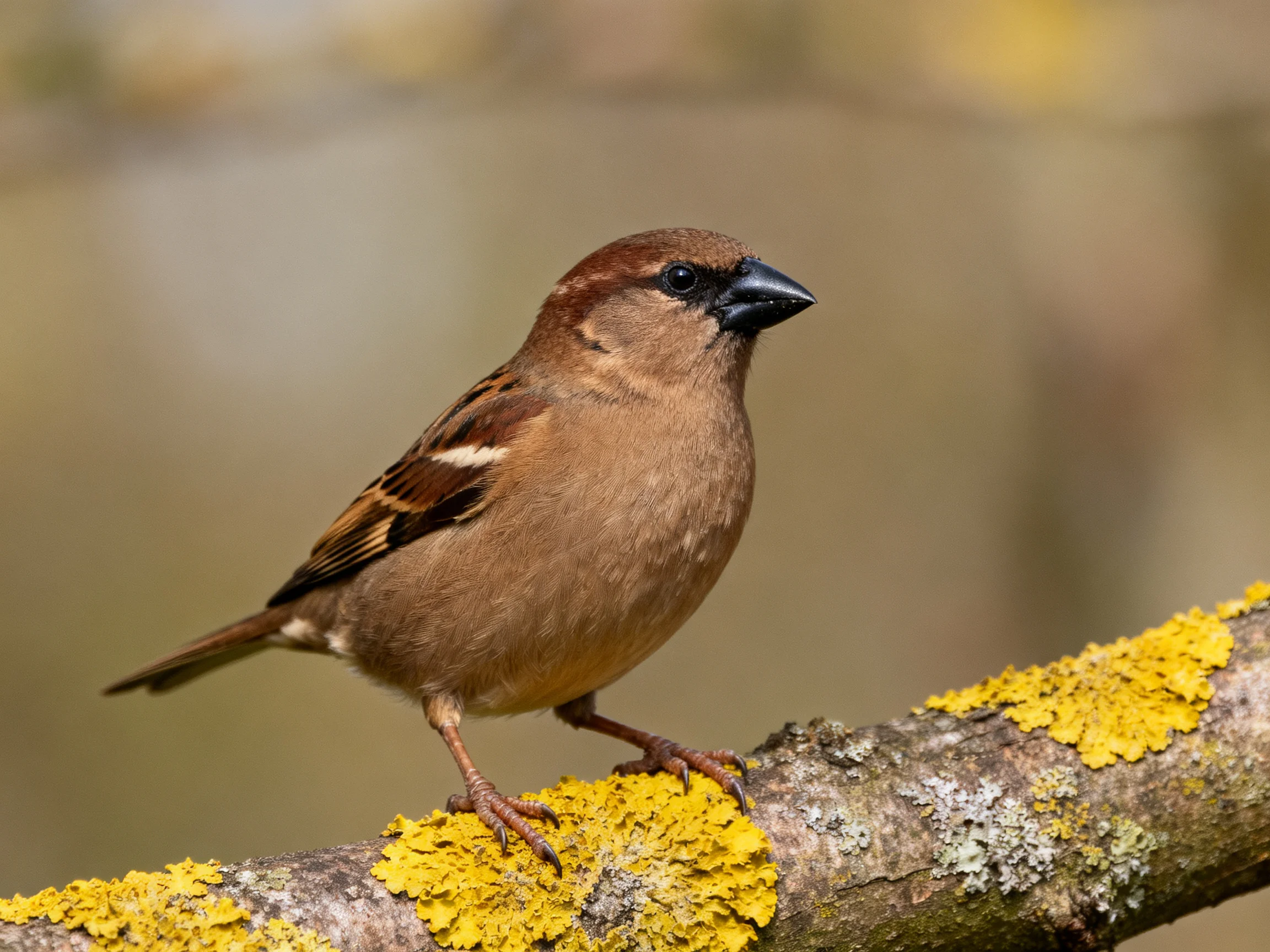 A brown sparrow perched on a lichen-covered tree branch