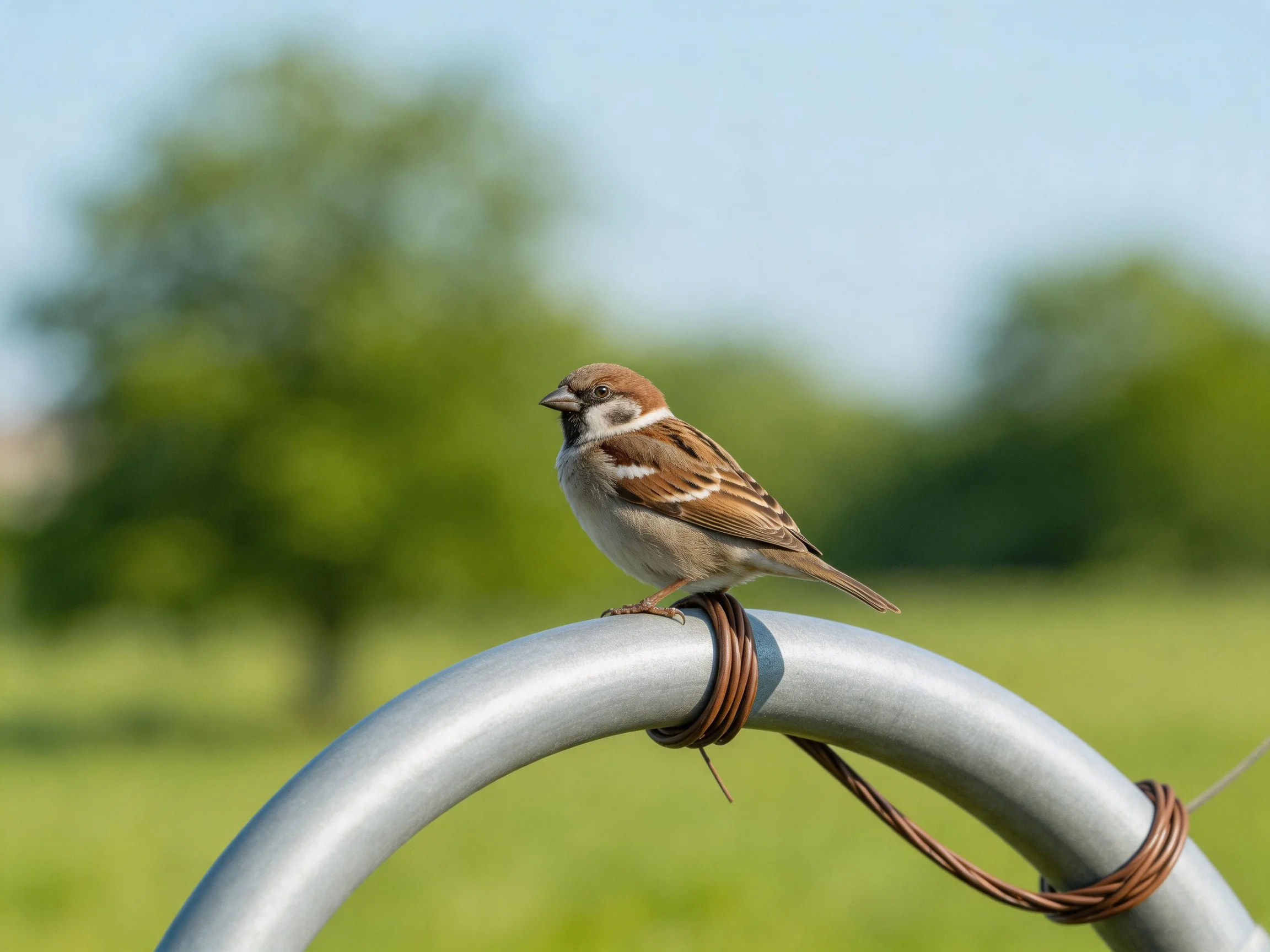 A brown sparrow perches on a metallic ring with wire wrapping