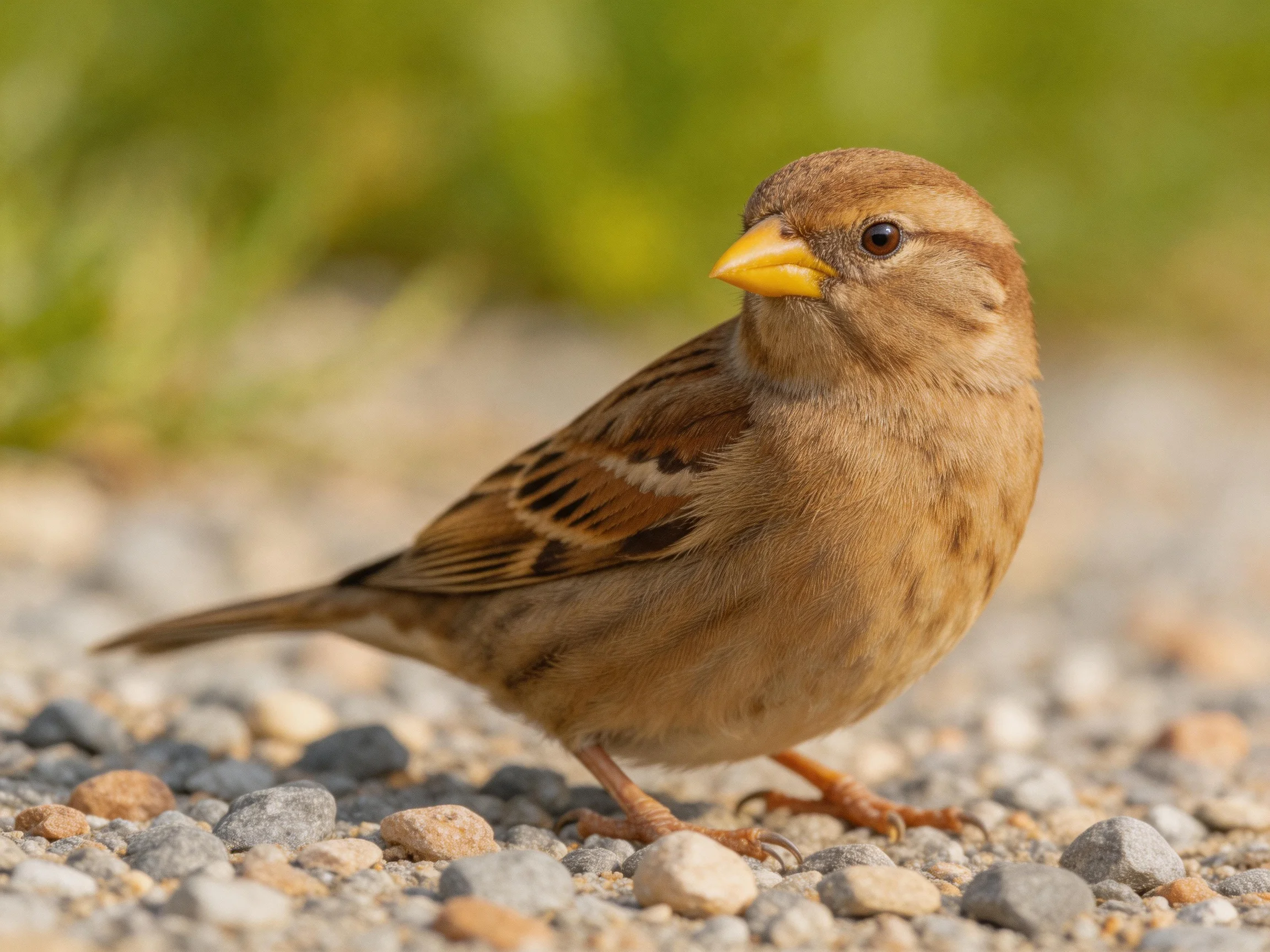 A brown sparrow with yellow beak on gravel path