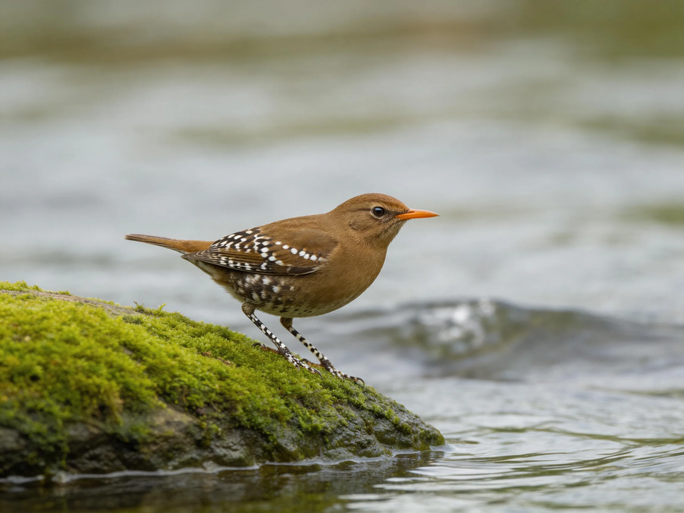 A brown-speckled bird perches on a mossy rock by calm water