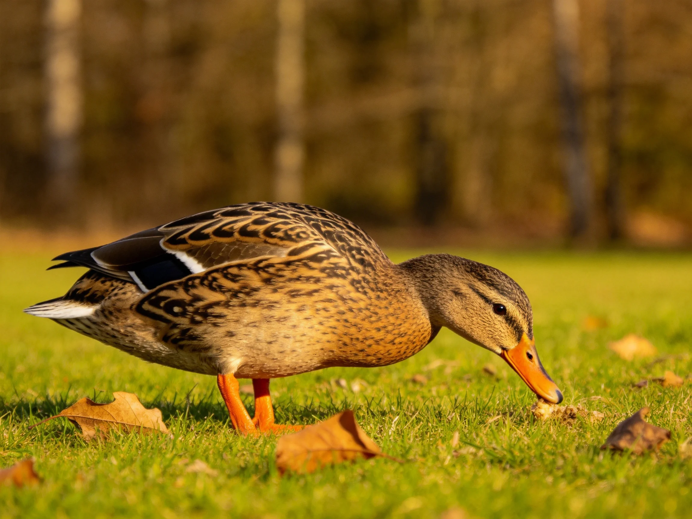 A brown-speckled duck forages on green grass with fallen leaves