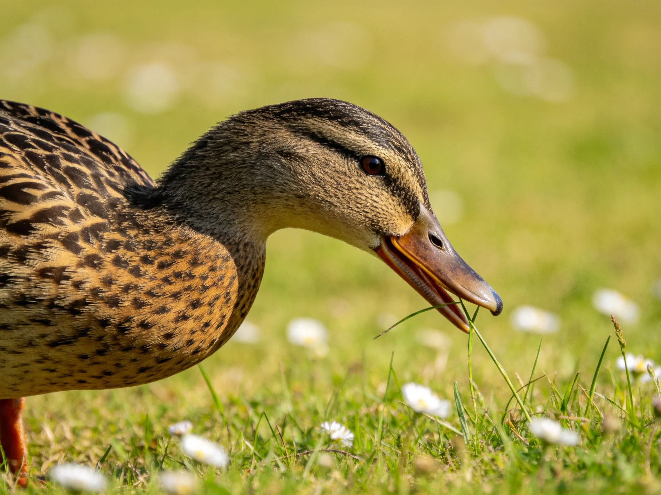 A brown-speckled duck foraging in a flowered green meadow