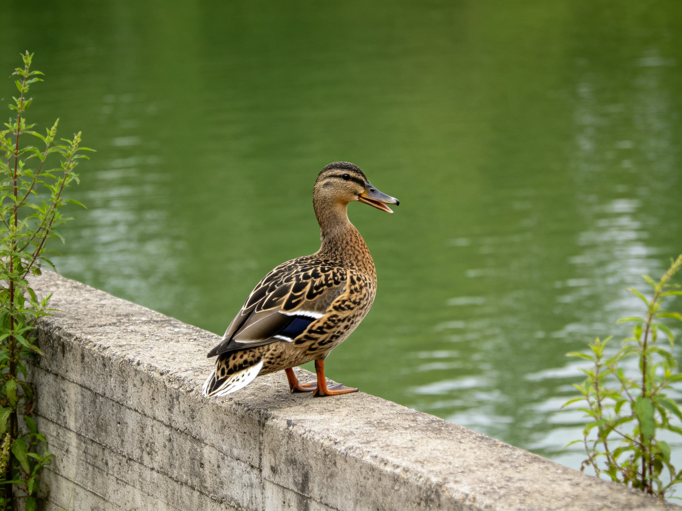 A brown-speckled duck rests on a weathered concrete ledge near calm water