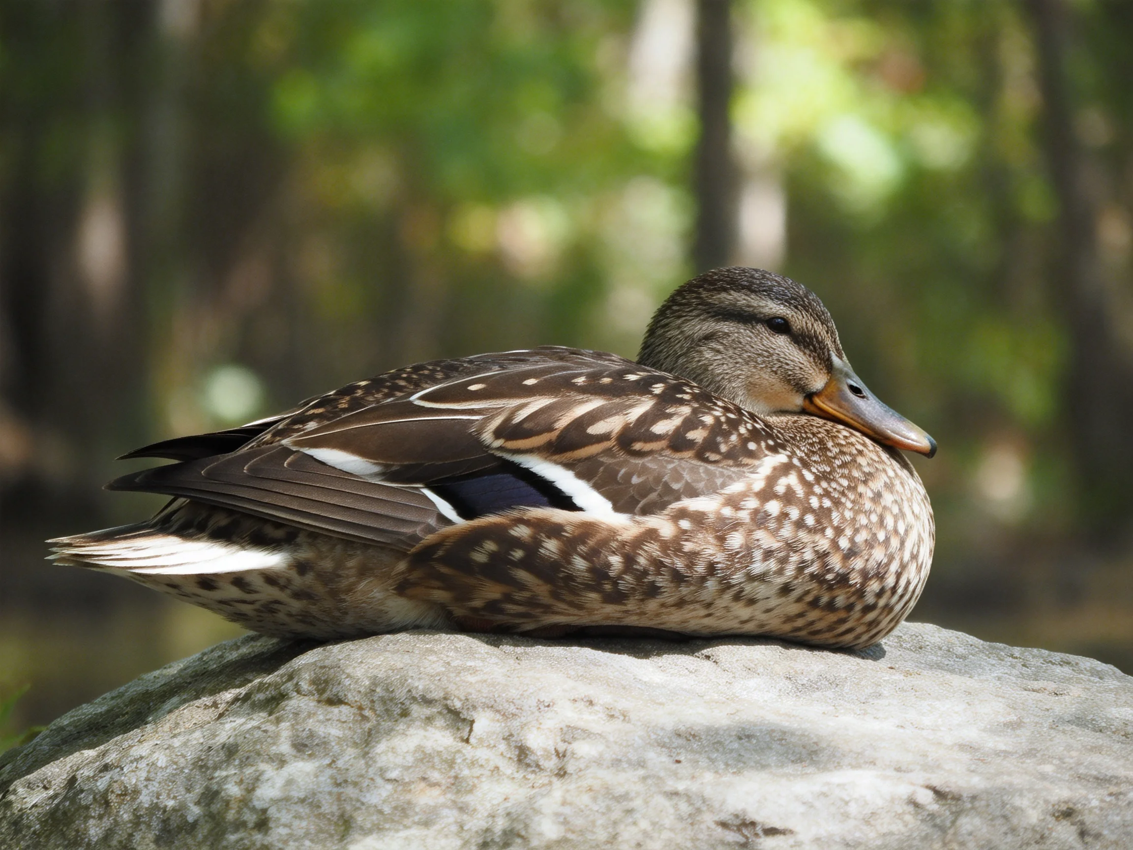 A brown-speckled duck rests on a rock in a lush green environment.